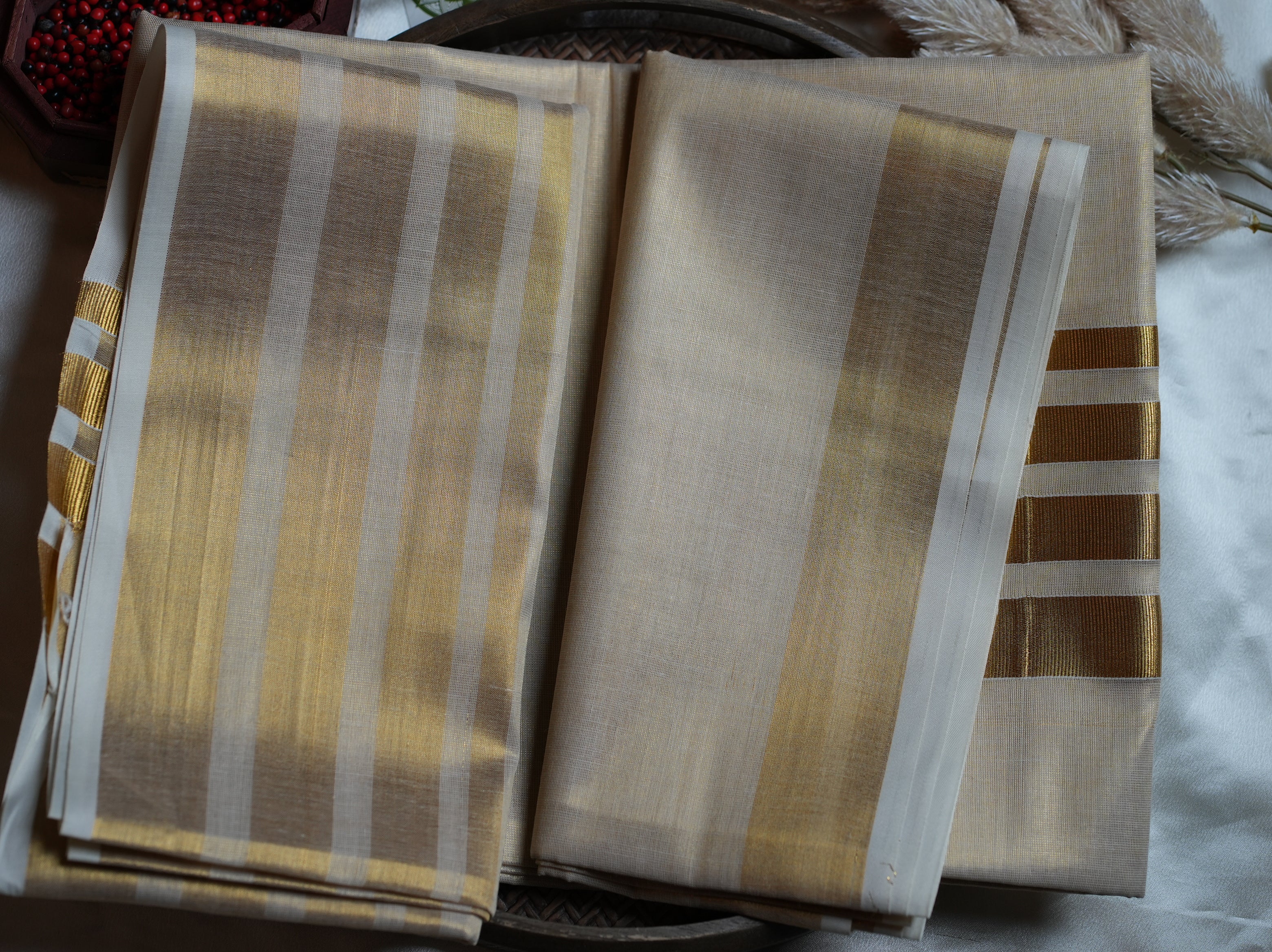 ✨ Metallic Gold Tissue Kerala Saree with Striped Kasavu Pallu & Border 🌟