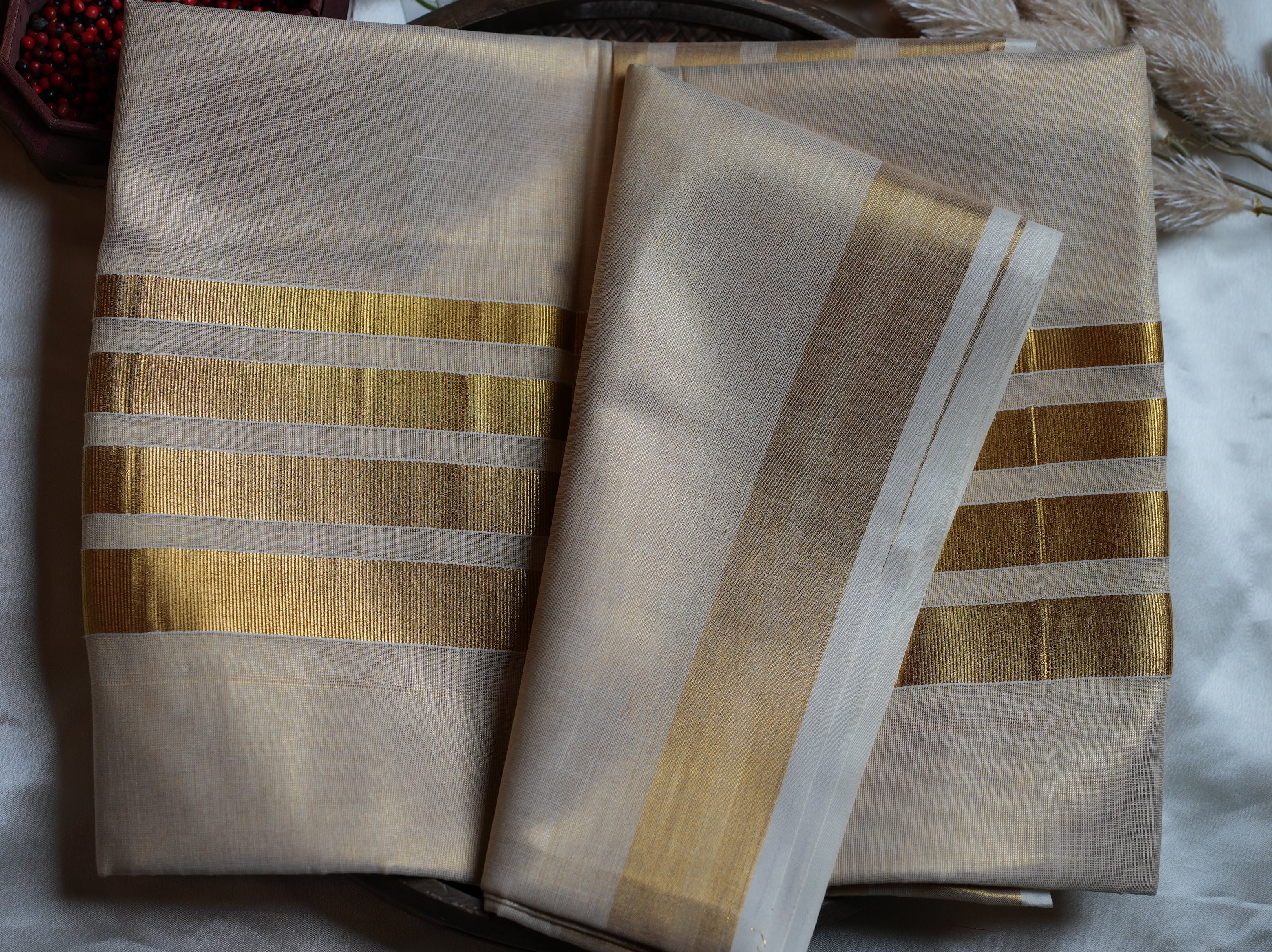 ✨ Metallic Gold Tissue Kerala Saree with Striped Kasavu Pallu & Border 🌟