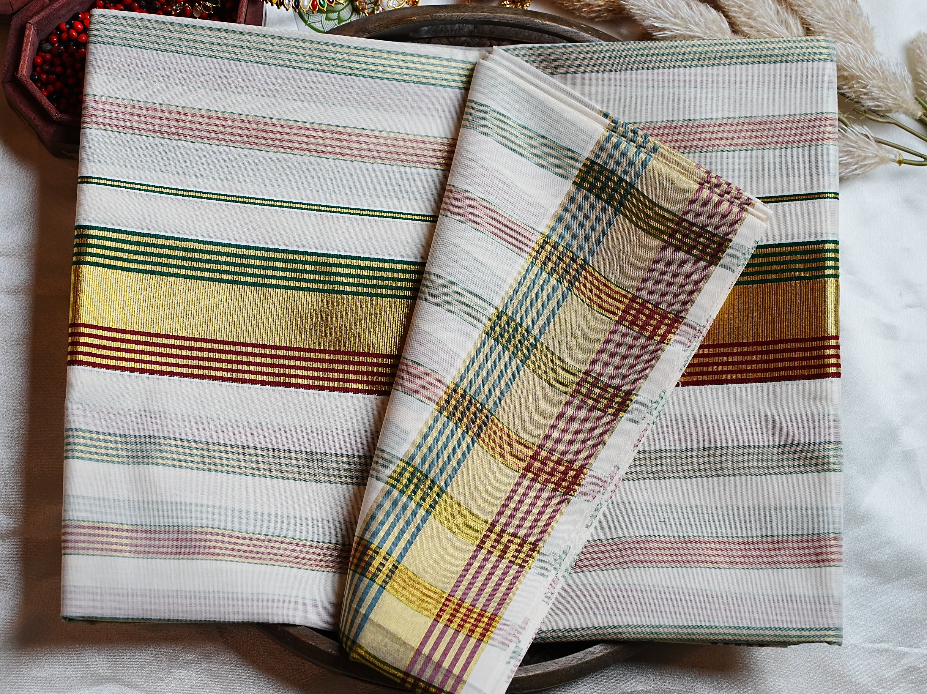🎨 Multi-Stripe & Regal Kasavu Zari Cotton Kerala Saree ✨
