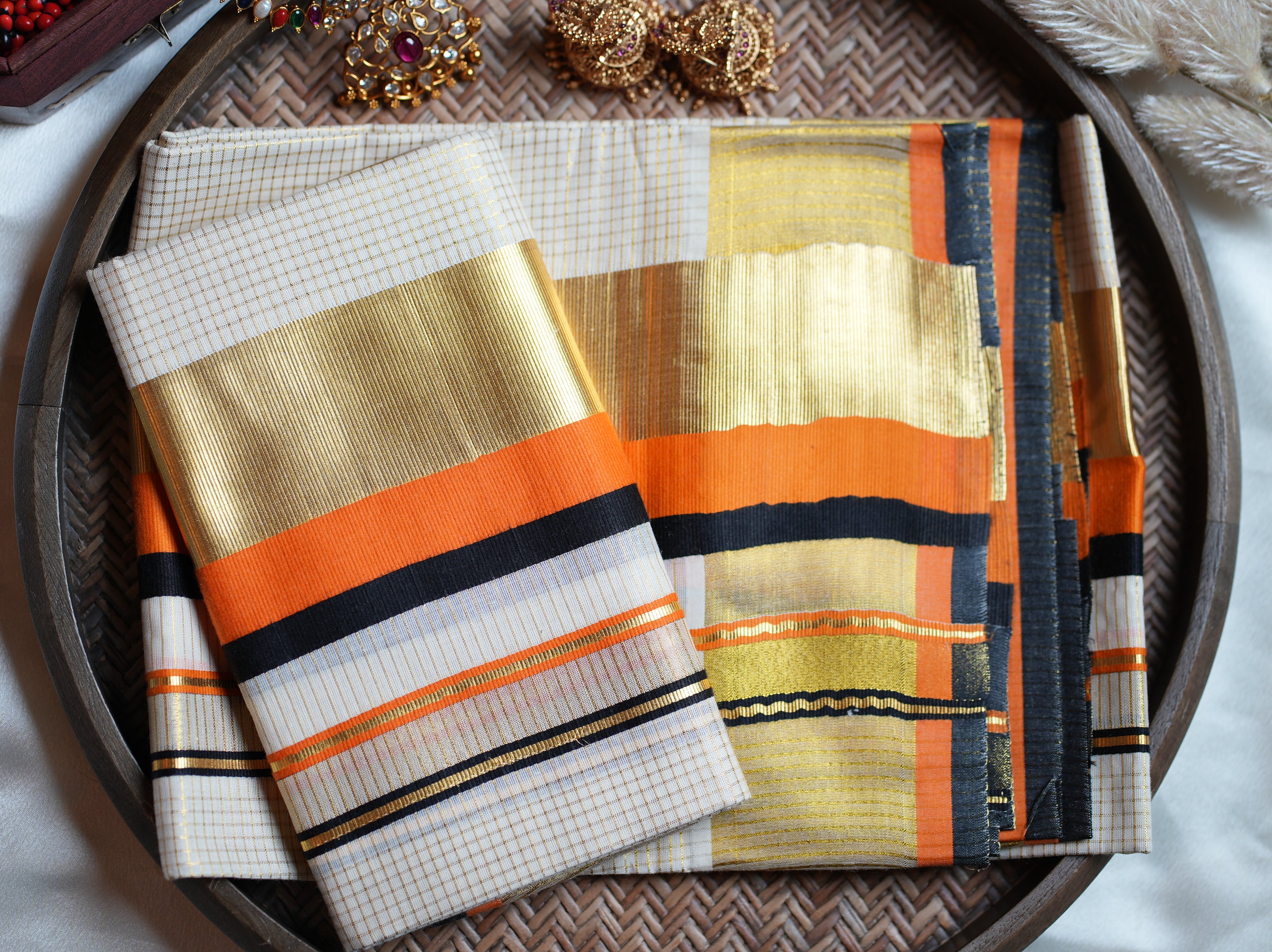 Premium Kerala Single Set Mundu with Vibrant Orange and Multi-Color Borders