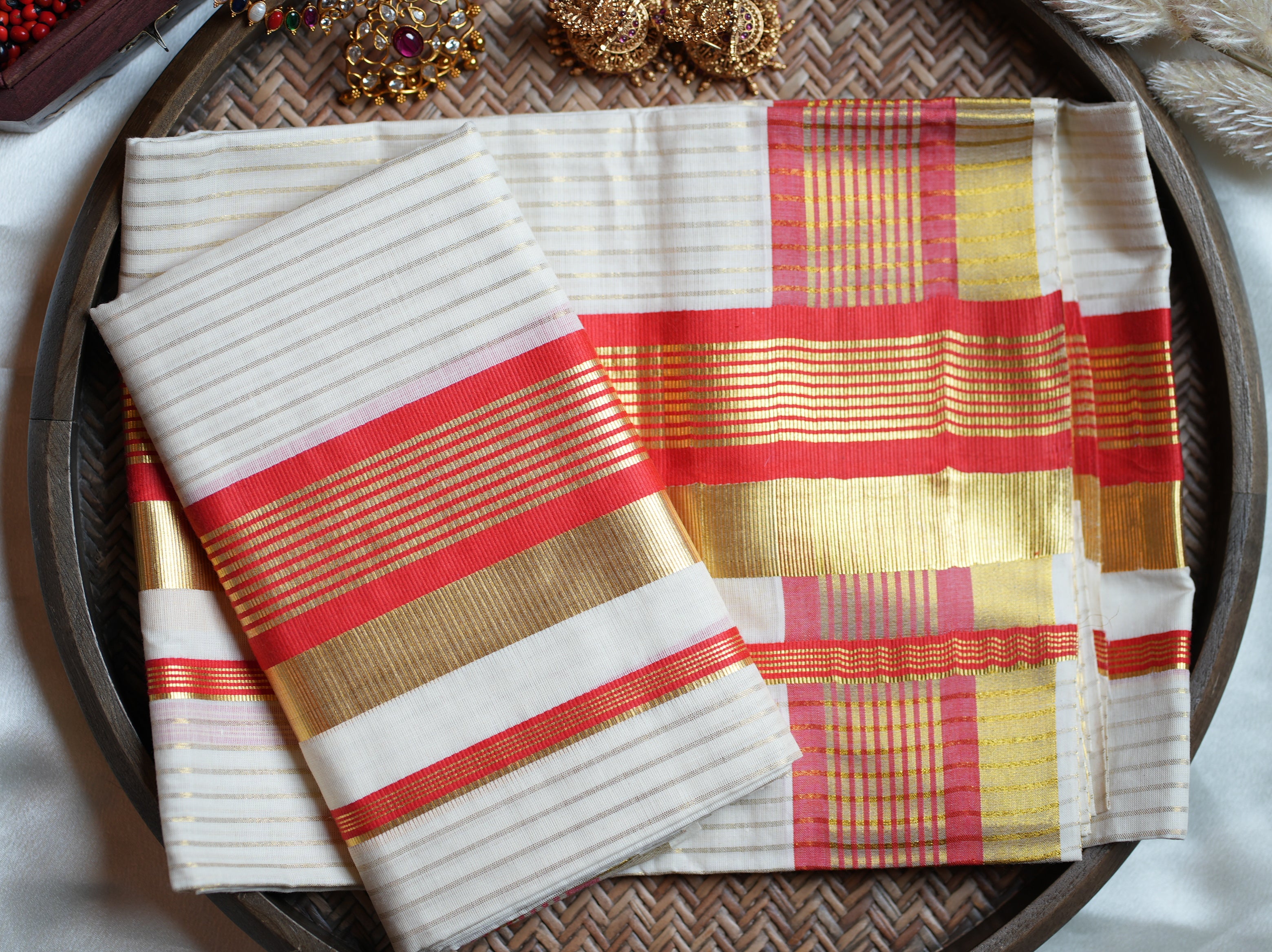 Crimson Red Premium Kasavu Handloom Replica Kerala Single Set Mundu