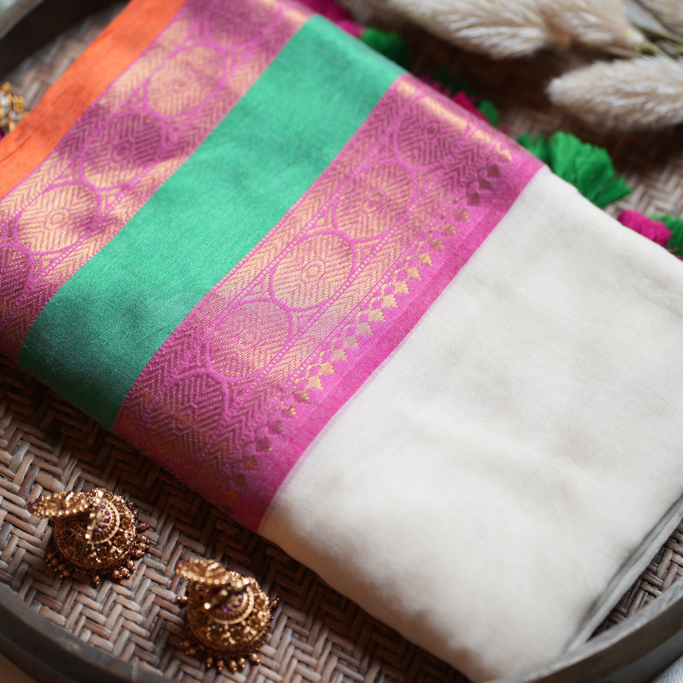 🌸 Soft Mul Cotton Saree with Magenta, Emerald Green & Orange Border 💖