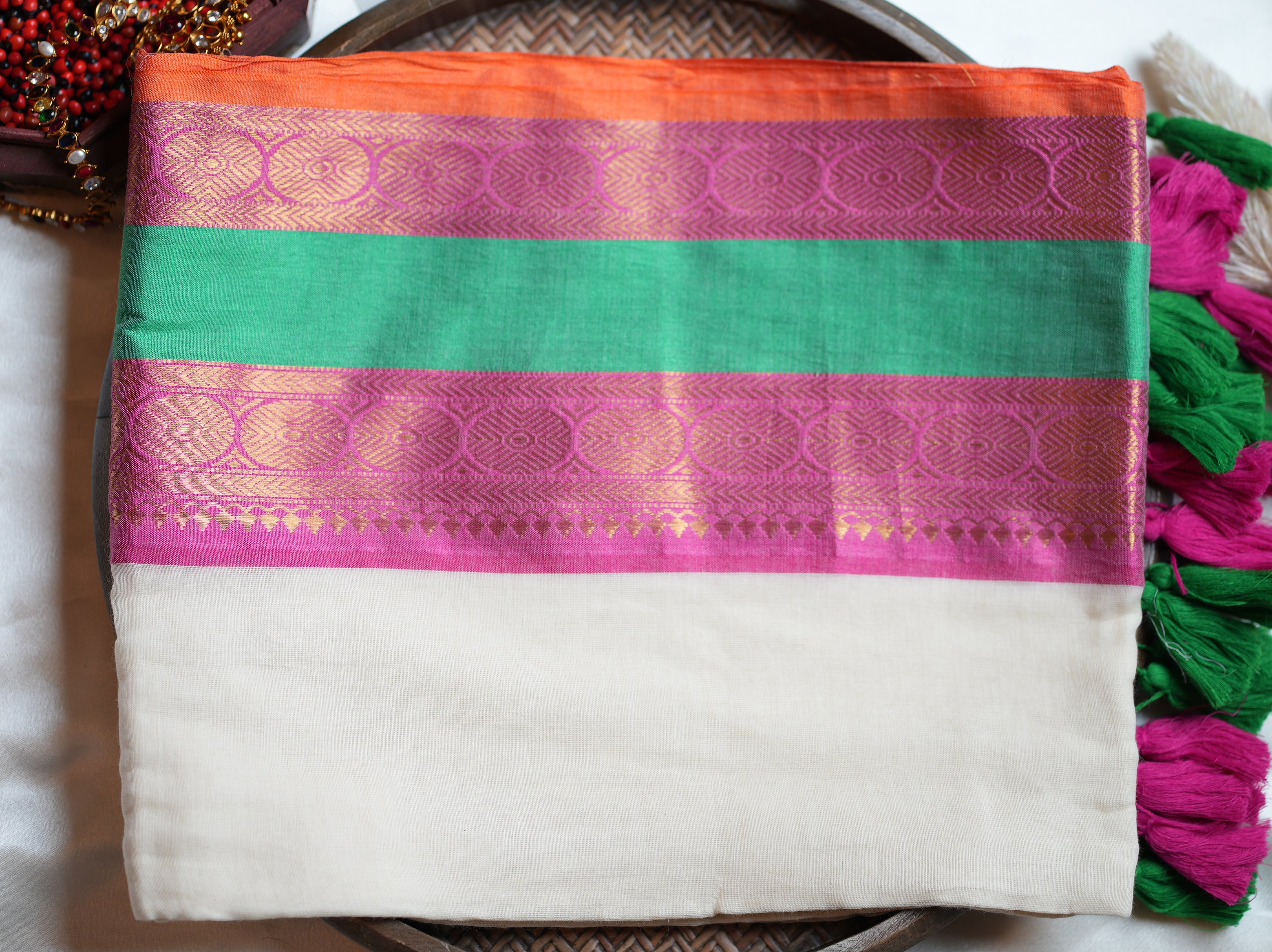 🌸 Soft Mul Cotton Saree with Magenta, Emerald Green & Orange Border 💖