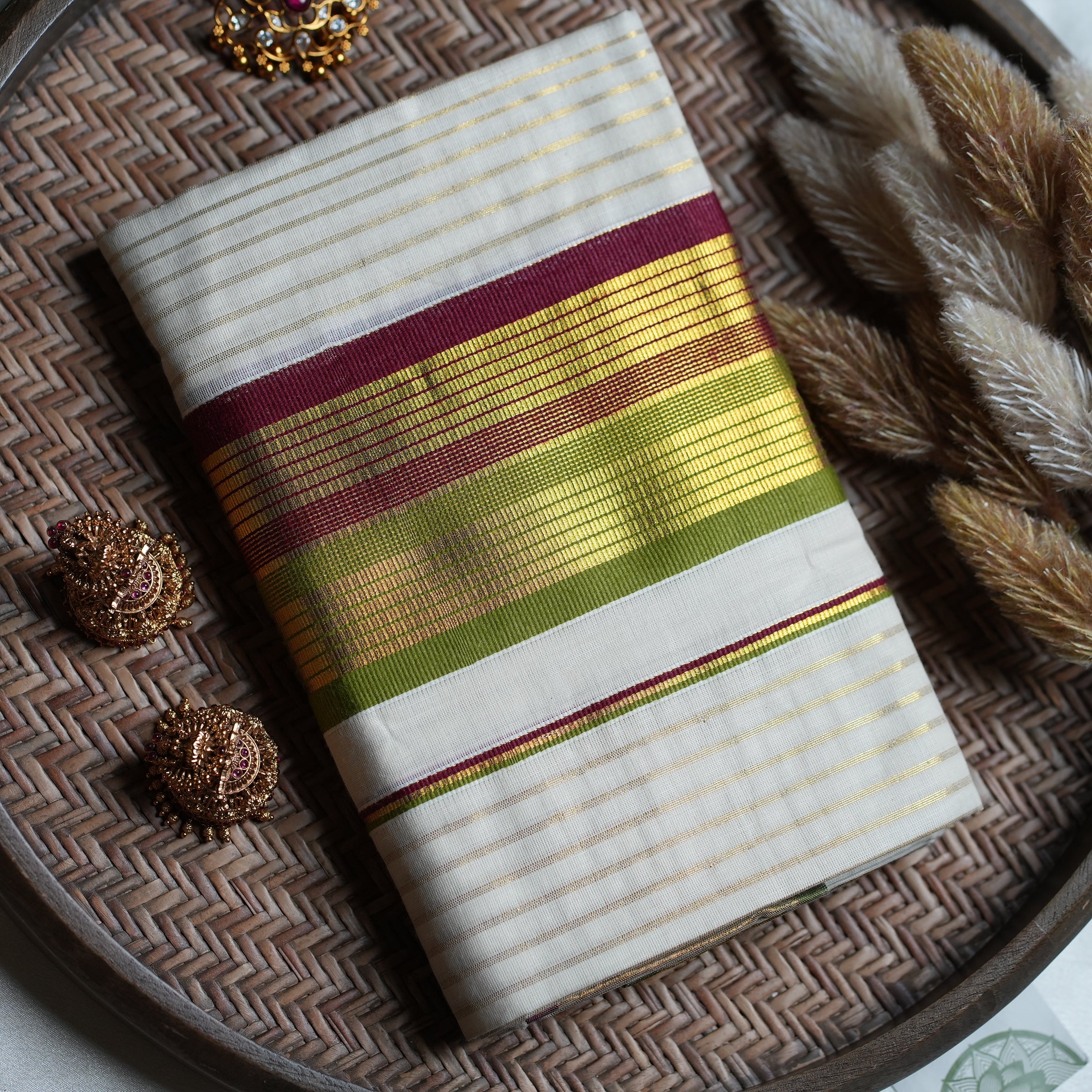 🌿 Olive Green, Wine Red & Gold Cotton Kerala Single Set Mundu ✨