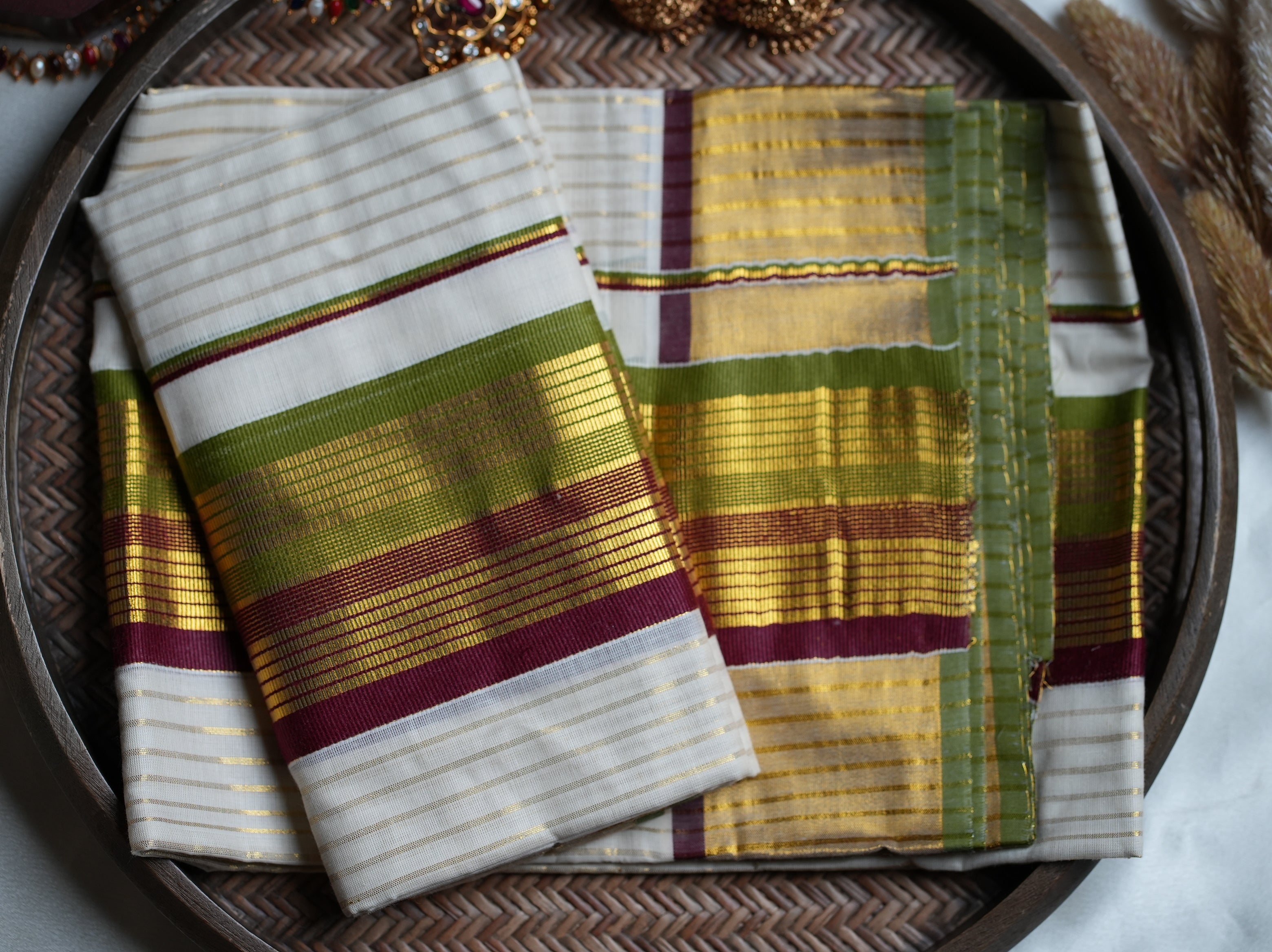 🌿 Olive Green, Wine Red & Gold Cotton Kerala Single Set Mundu ✨
