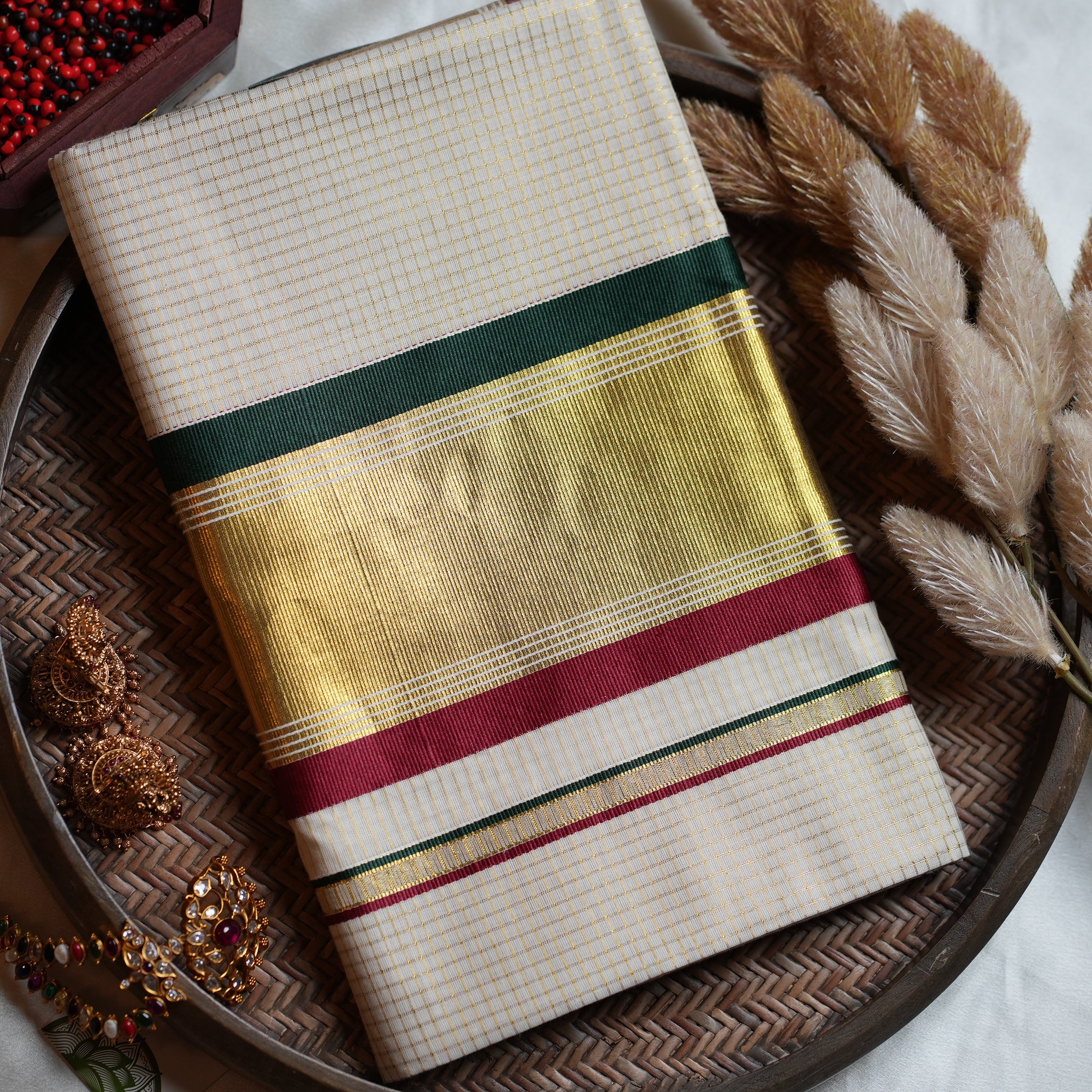 ✨ Golden Check Kasavu Kerala Saree with Forest Green & Crimson-Maroon Borders 🌿