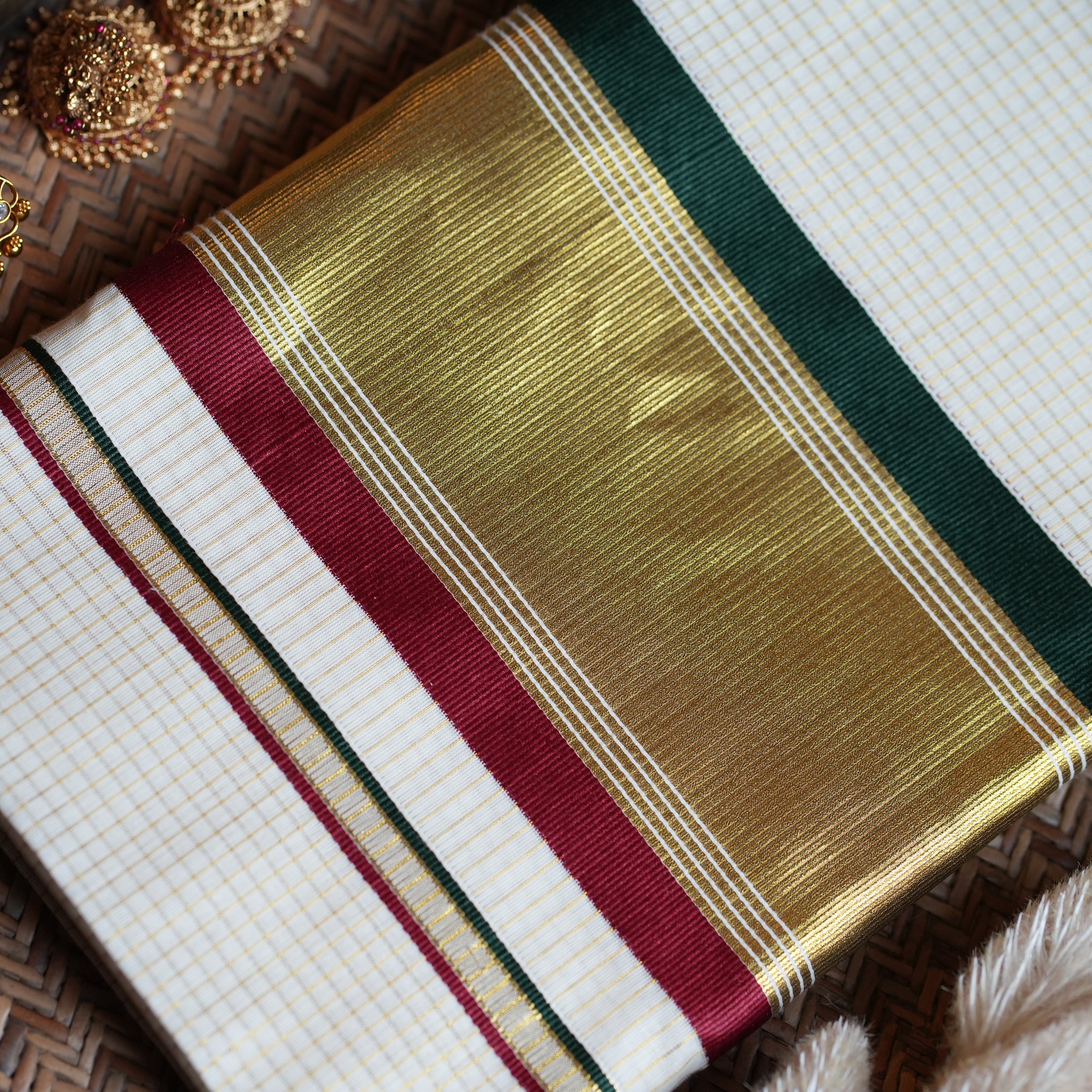 ✨ Golden Check Kasavu Kerala Saree with Forest Green & Crimson-Maroon Borders 🌿