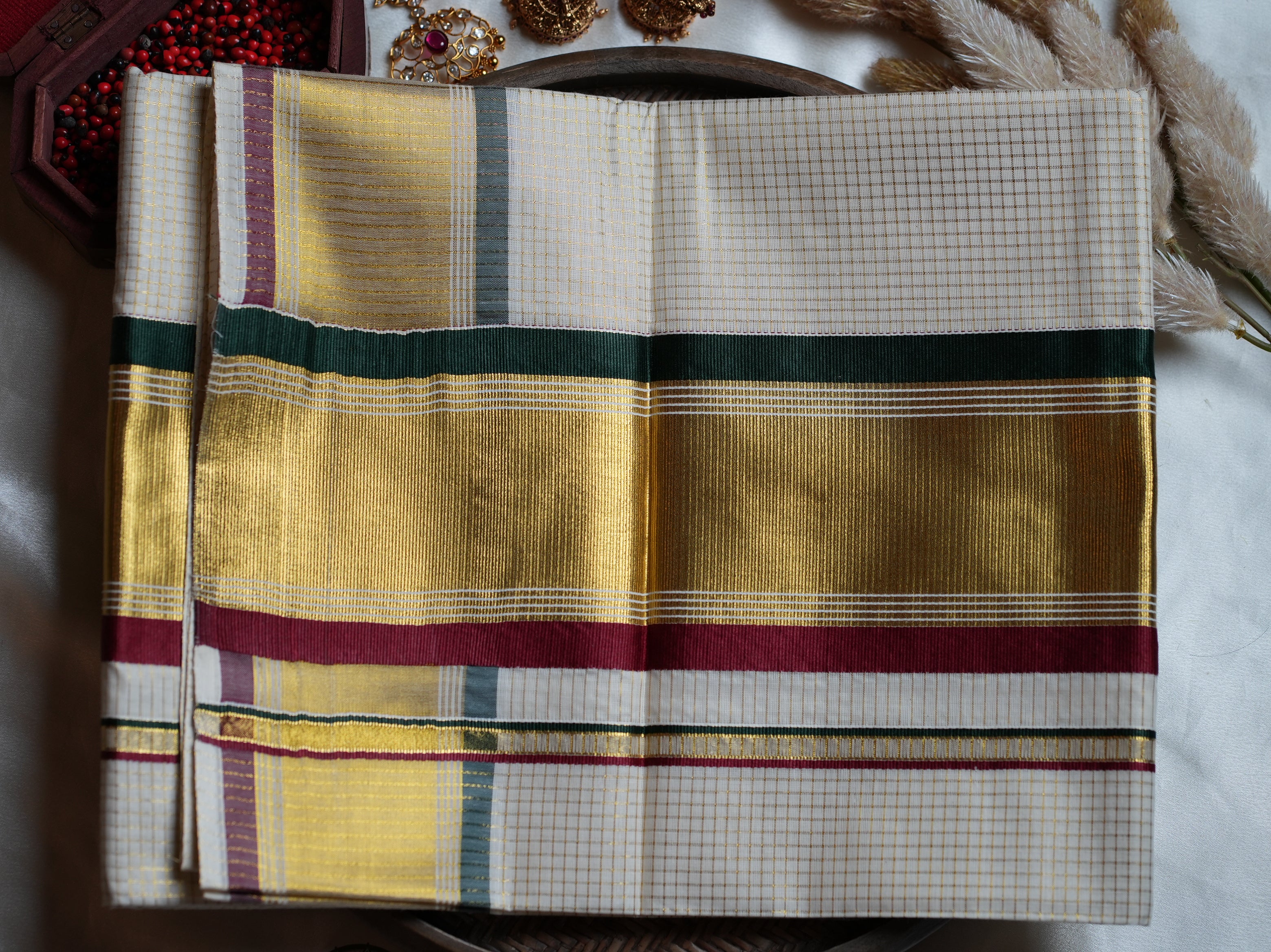 ✨ Golden Check Kasavu Kerala Saree with Forest Green & Crimson-Maroon Borders 🌿