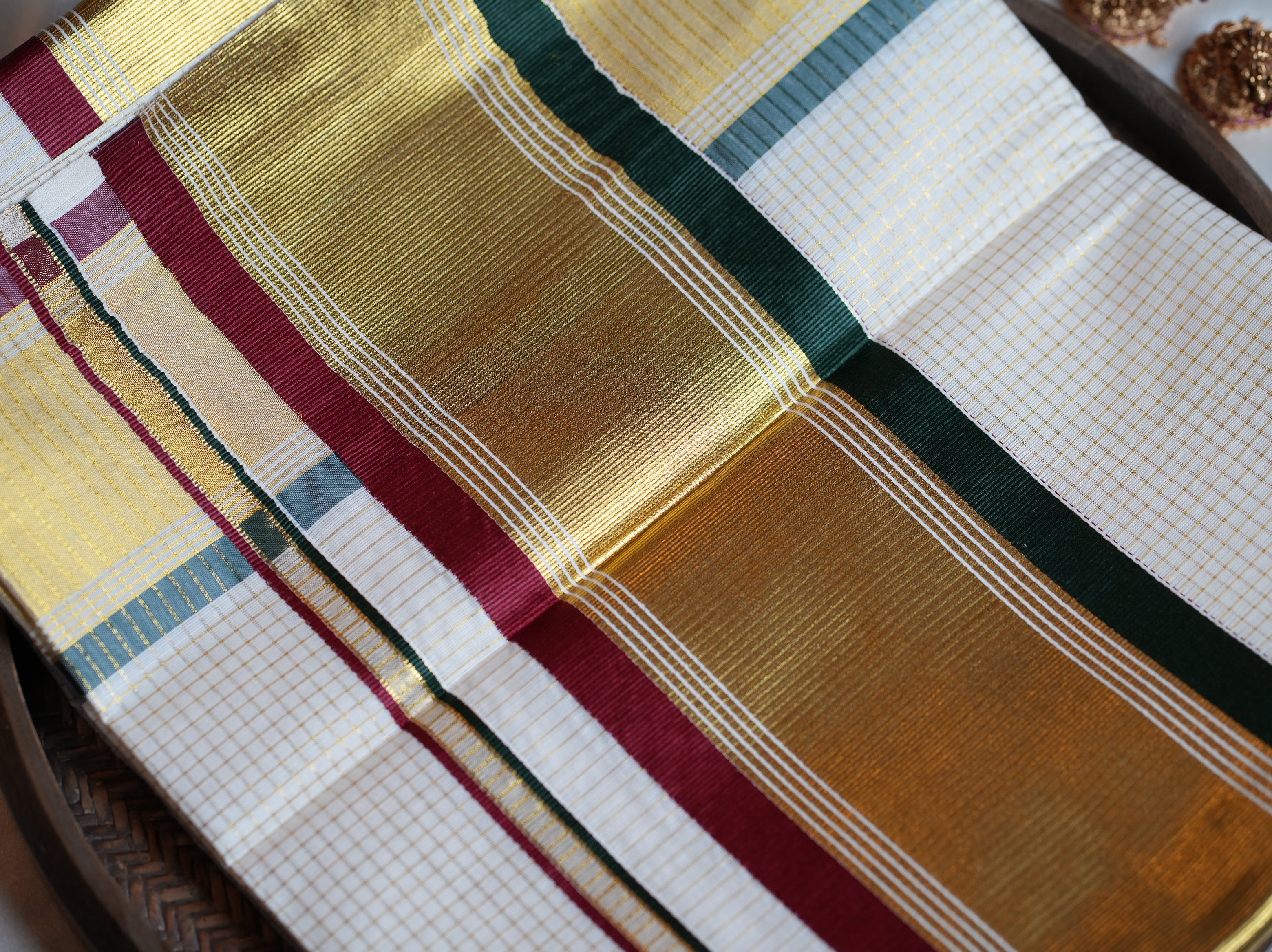 ✨ Golden Check Kasavu Kerala Saree with Forest Green & Crimson-Maroon Borders 🌿