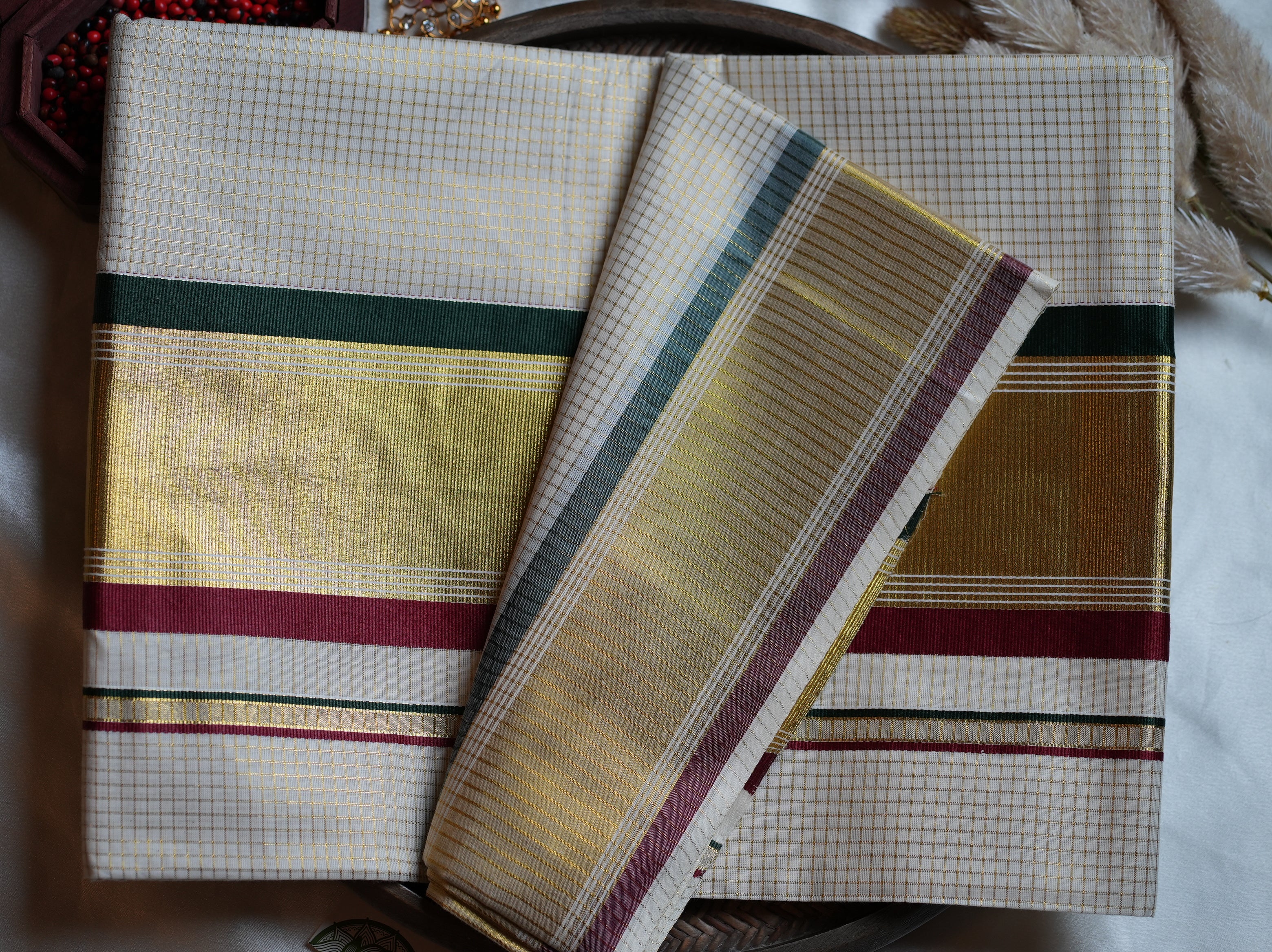 ✨ Golden Check Kasavu Kerala Saree with Forest Green & Crimson-Maroon Borders 🌿