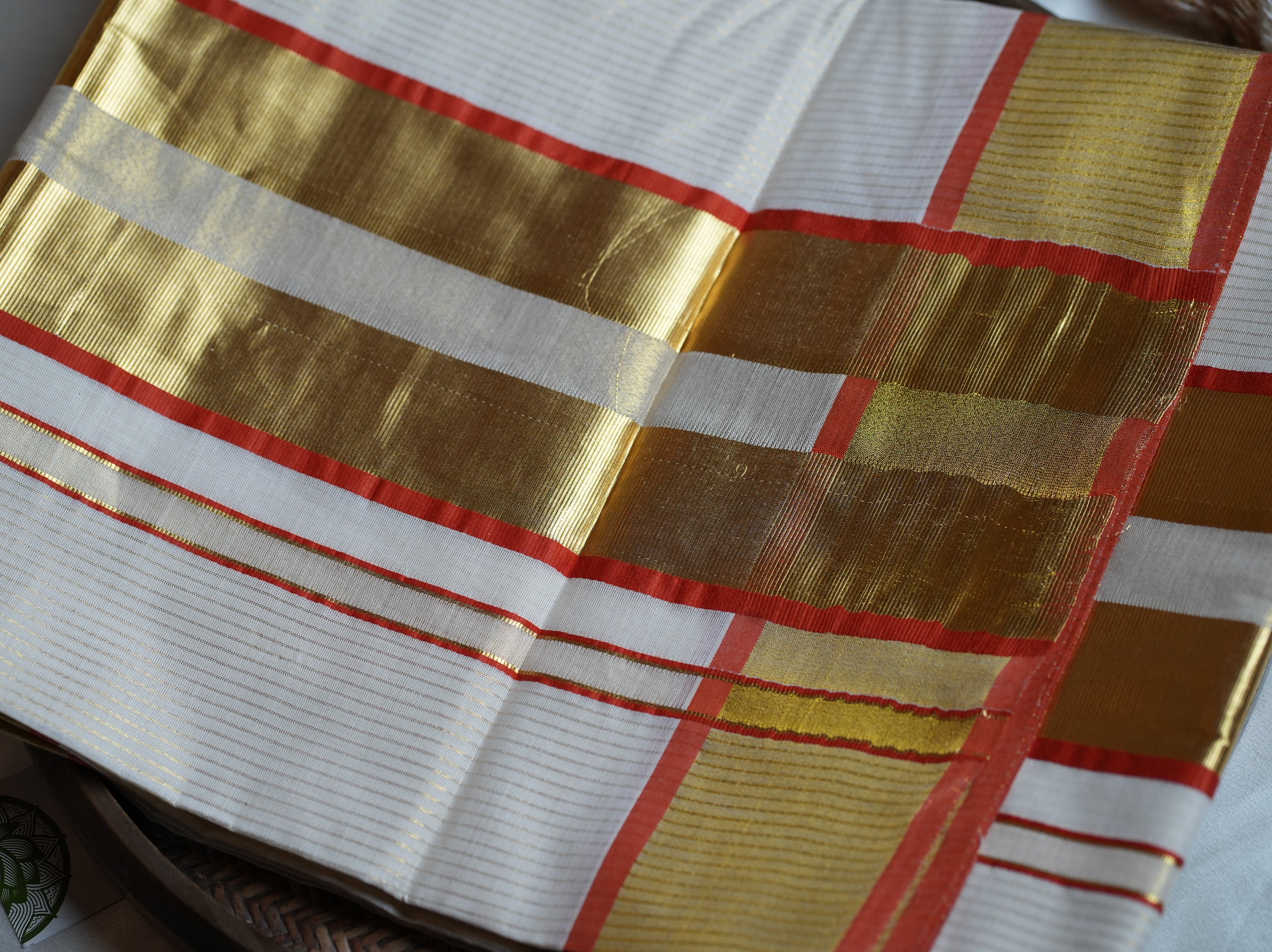 Traditional Gold & Vibrant Accent Handloom Replica Kerala Saree