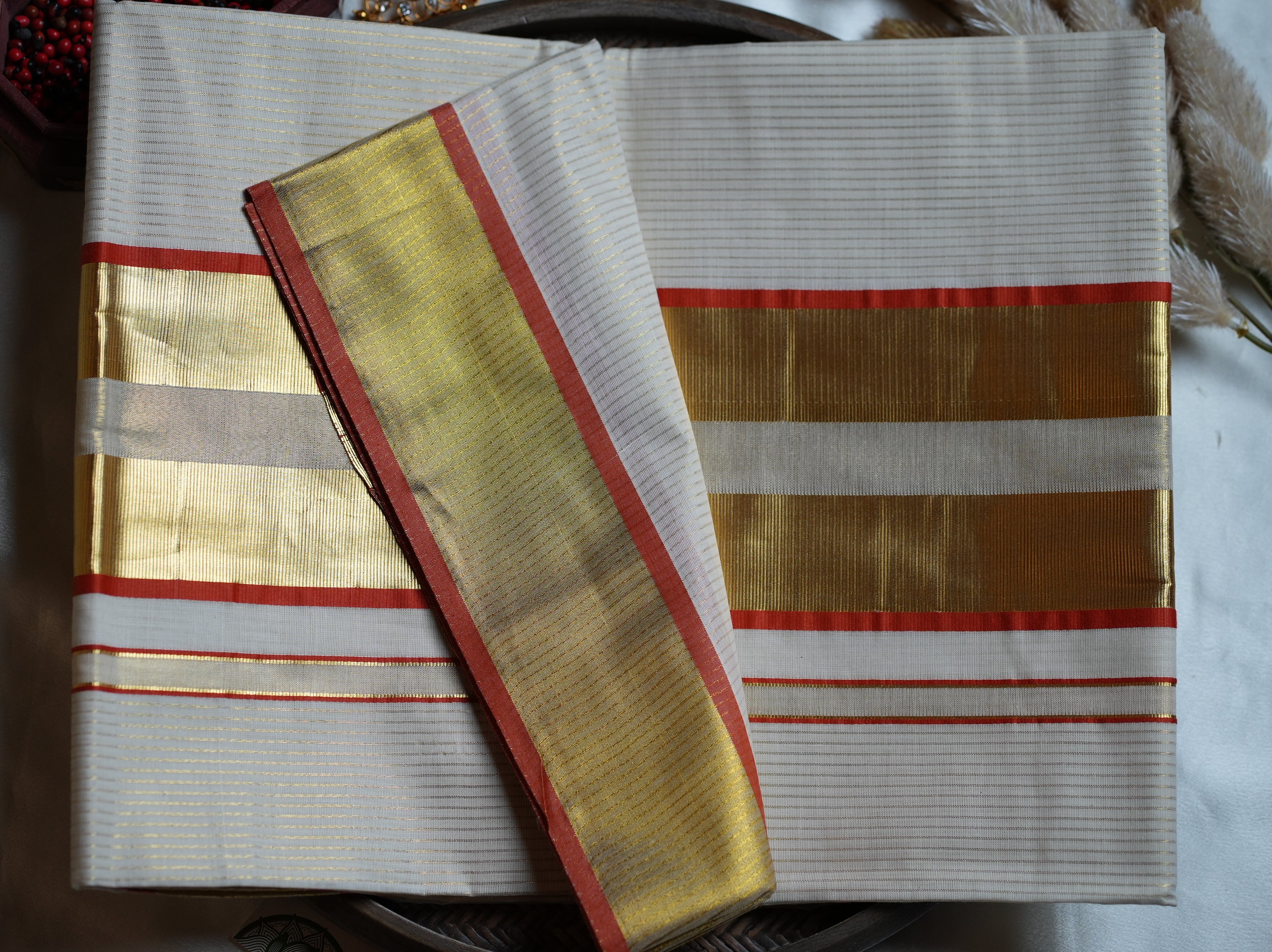 Traditional Gold & Vibrant Accent Handloom Replica Kerala Saree