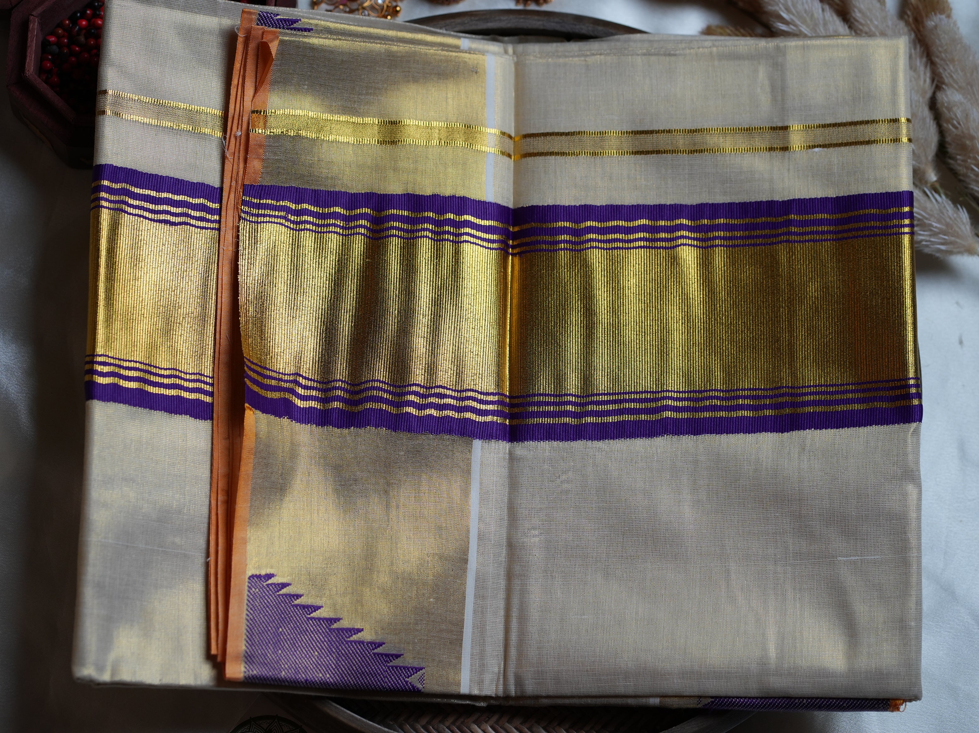👑 Regal Golden Tissue Handloom Replica Kerala Saree with Royal Purple Border 💜
