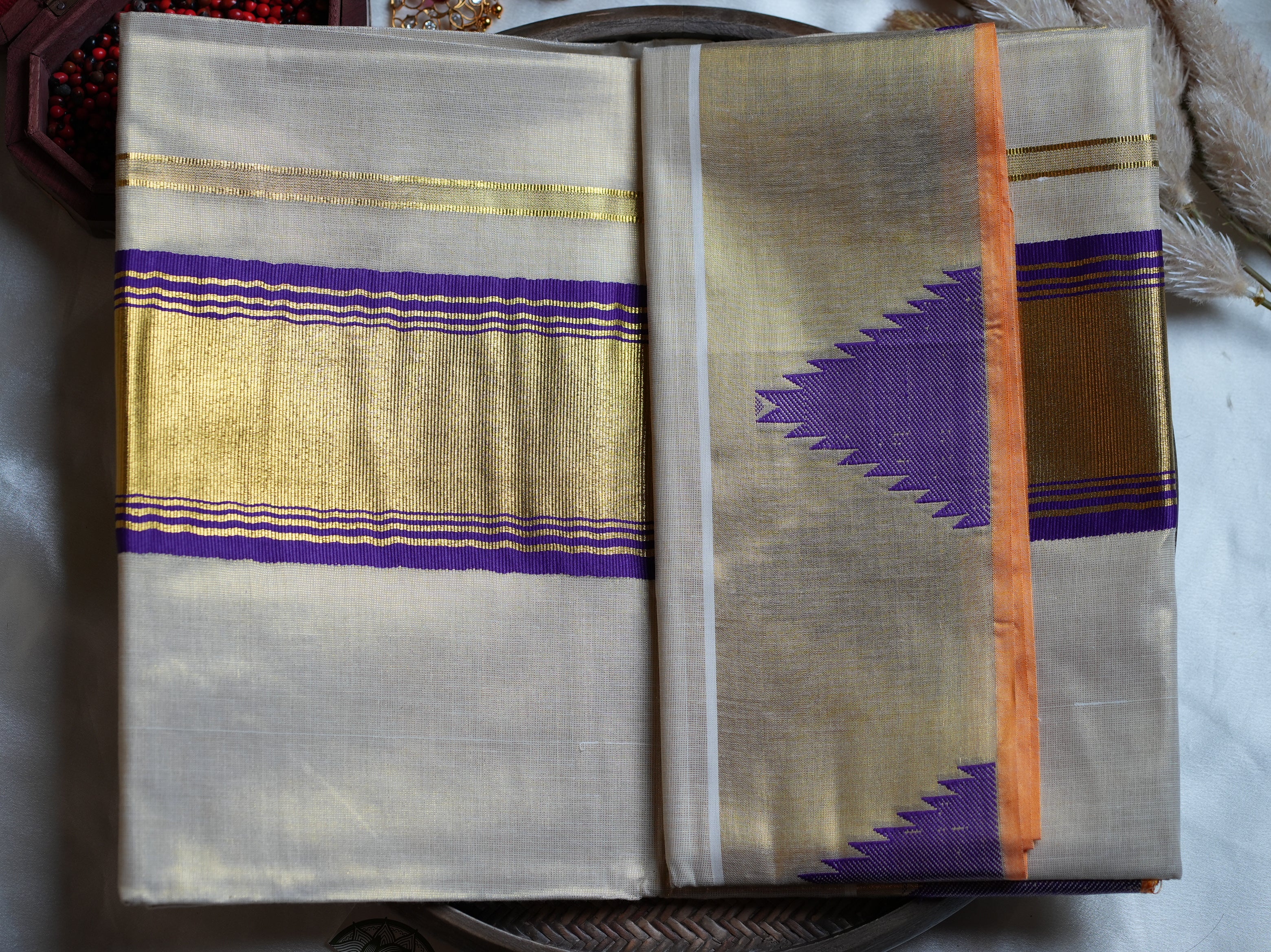 👑 Regal Golden Tissue Handloom Replica Kerala Saree with Royal Purple Border 💜