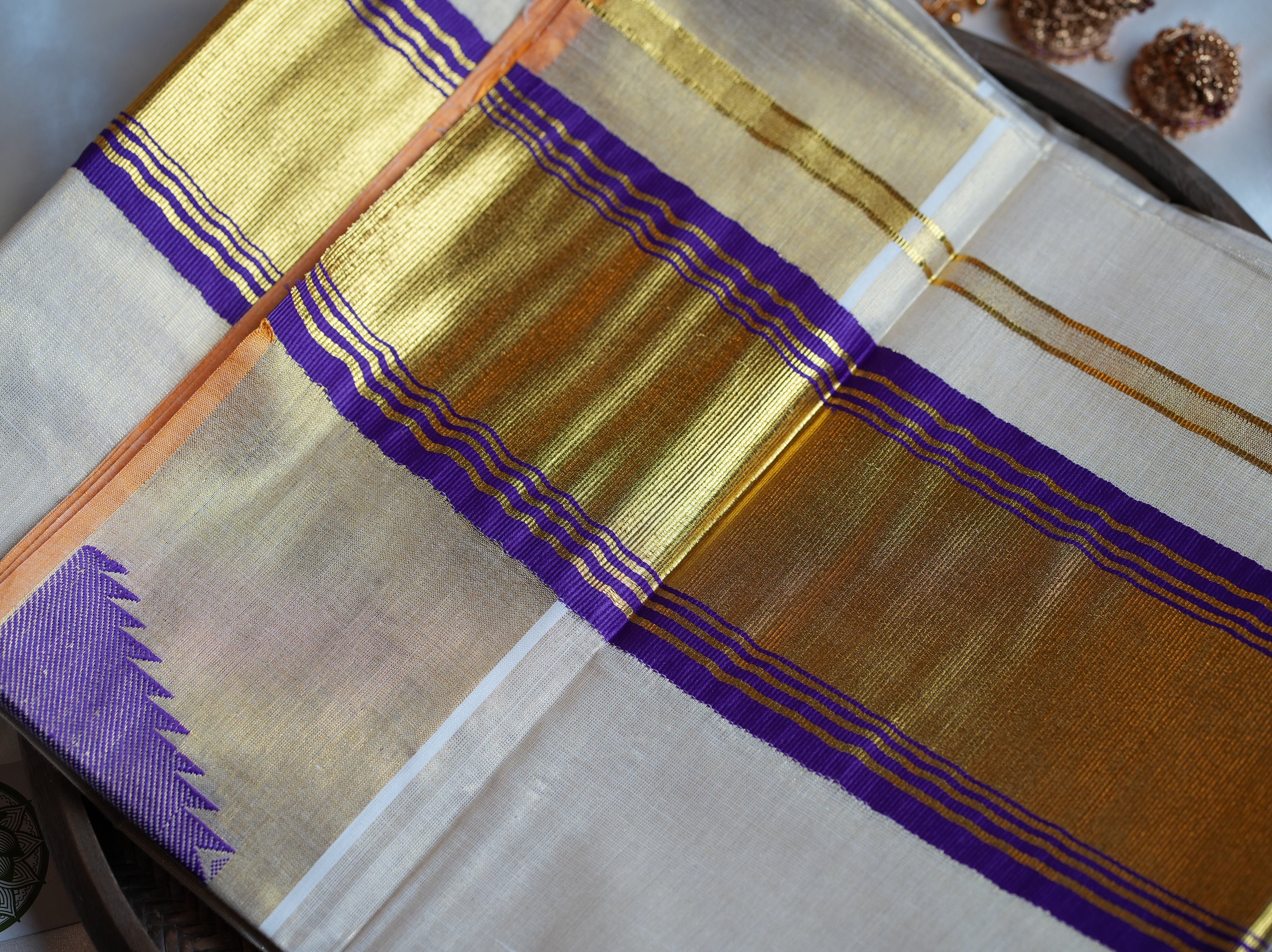 👑 Regal Golden Tissue Handloom Replica Kerala Saree with Royal Purple Border 💜