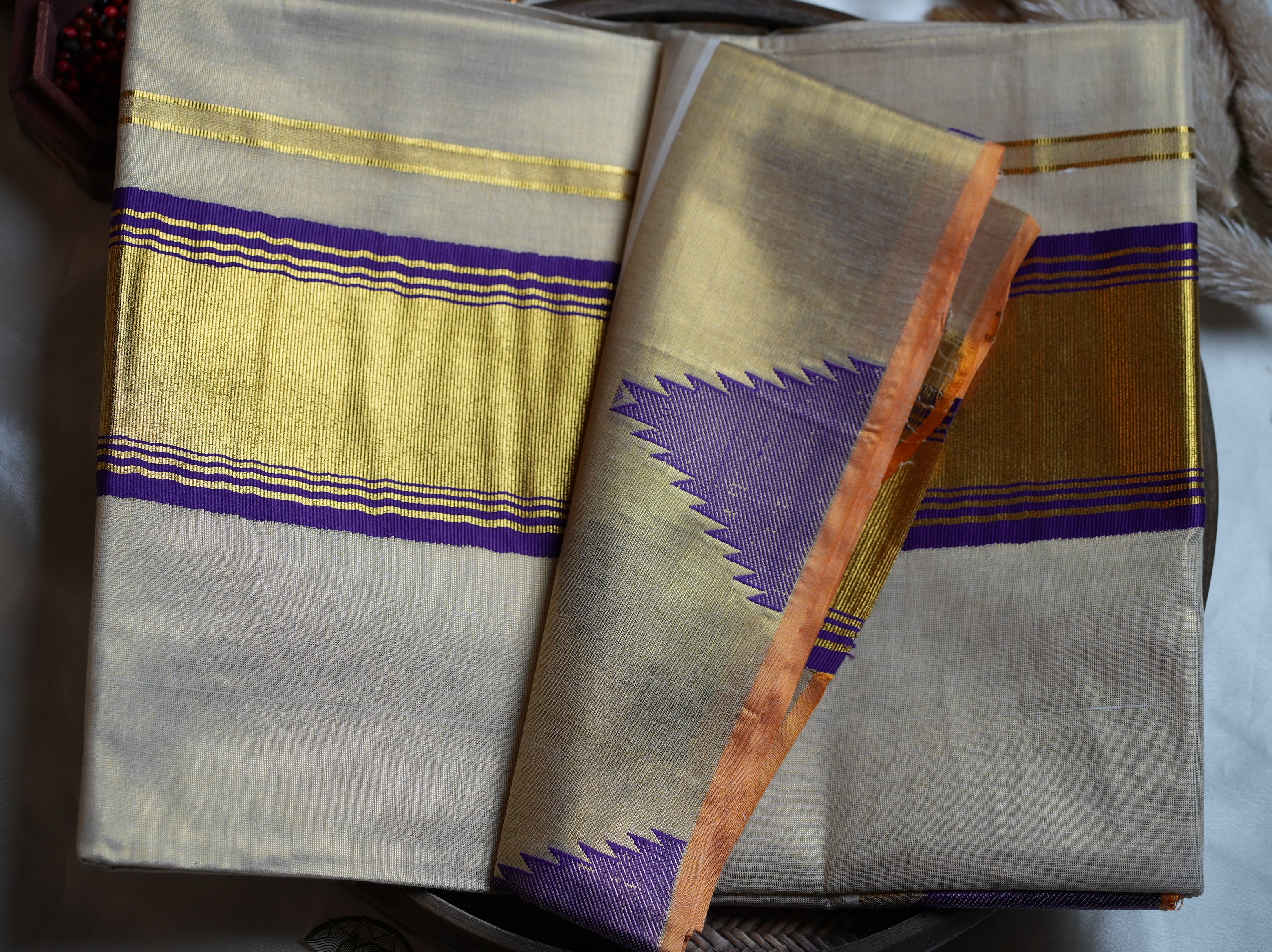 👑 Regal Golden Tissue Handloom Replica Kerala Saree with Royal Purple Border 💜