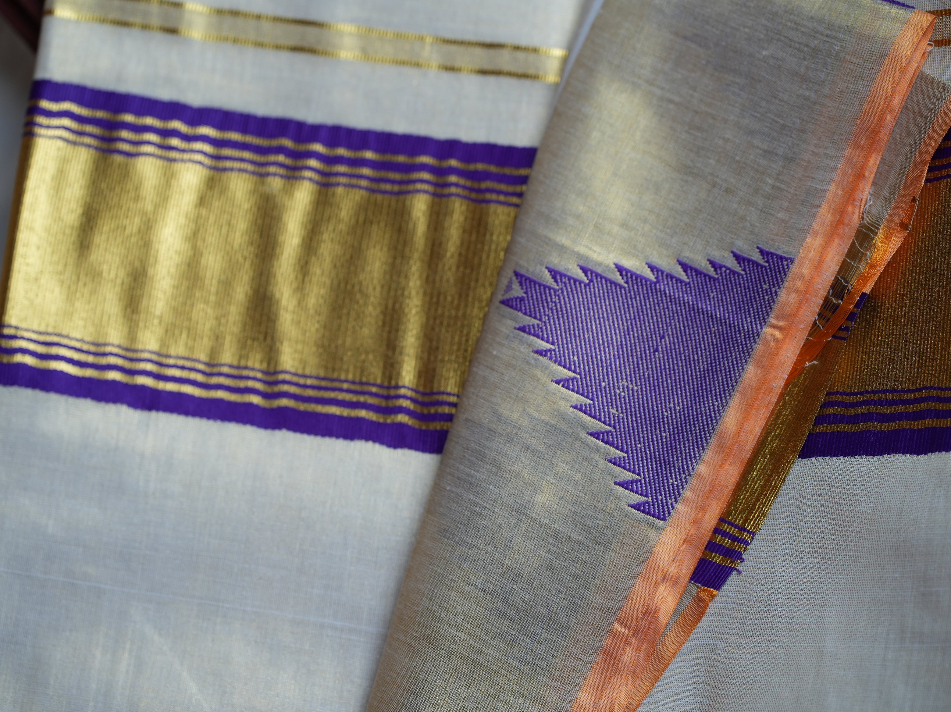 👑 Regal Golden Tissue Handloom Replica Kerala Saree with Royal Purple Border 💜