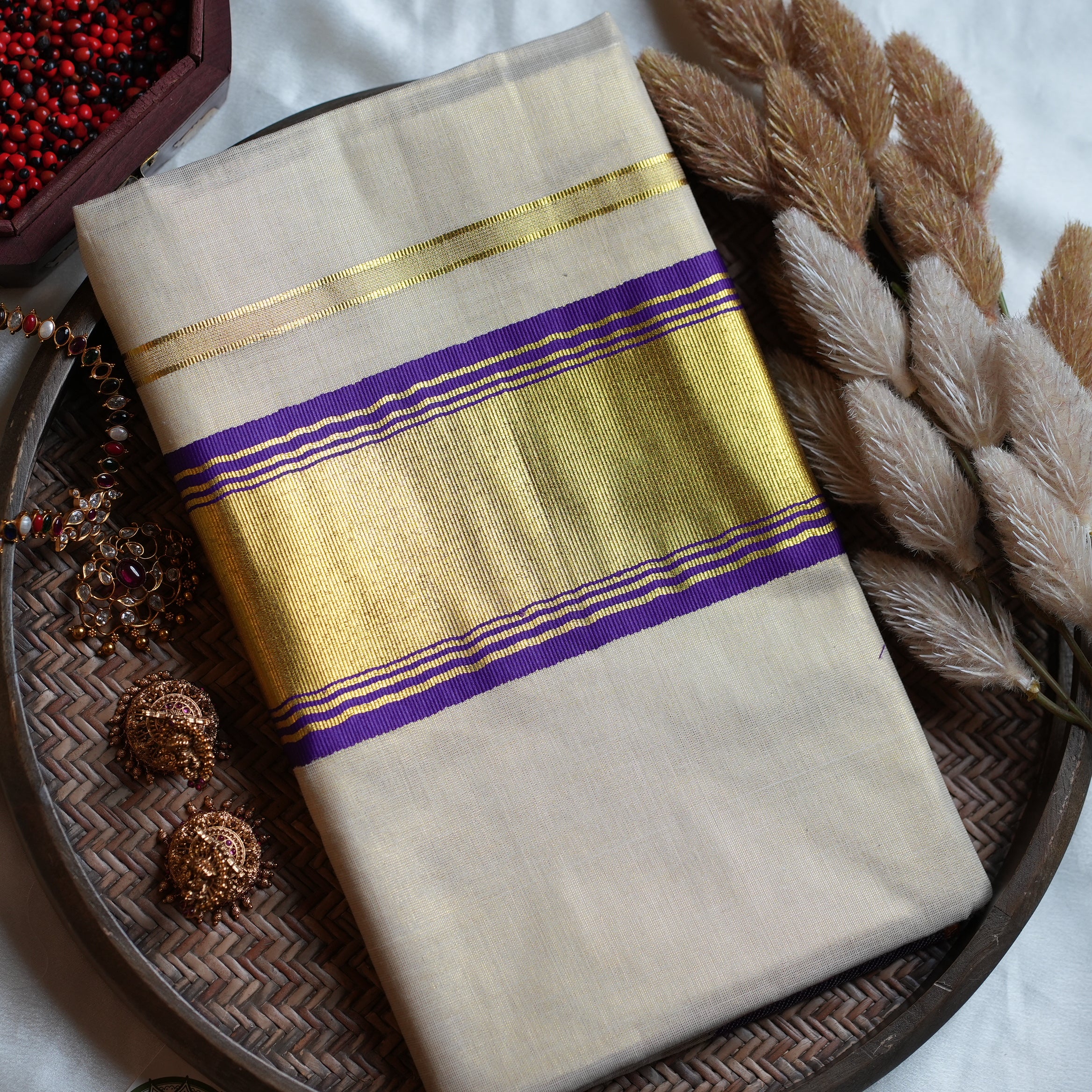 👑 Regal Golden Tissue Handloom Replica Kerala Saree with Royal Purple Border 💜