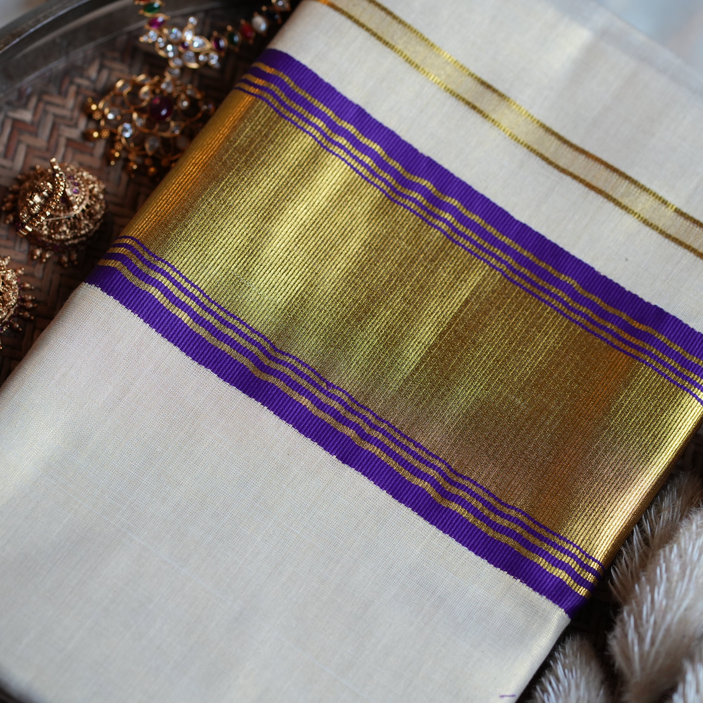 👑 Regal Golden Tissue Handloom Replica Kerala Saree with Royal Purple Border 💜