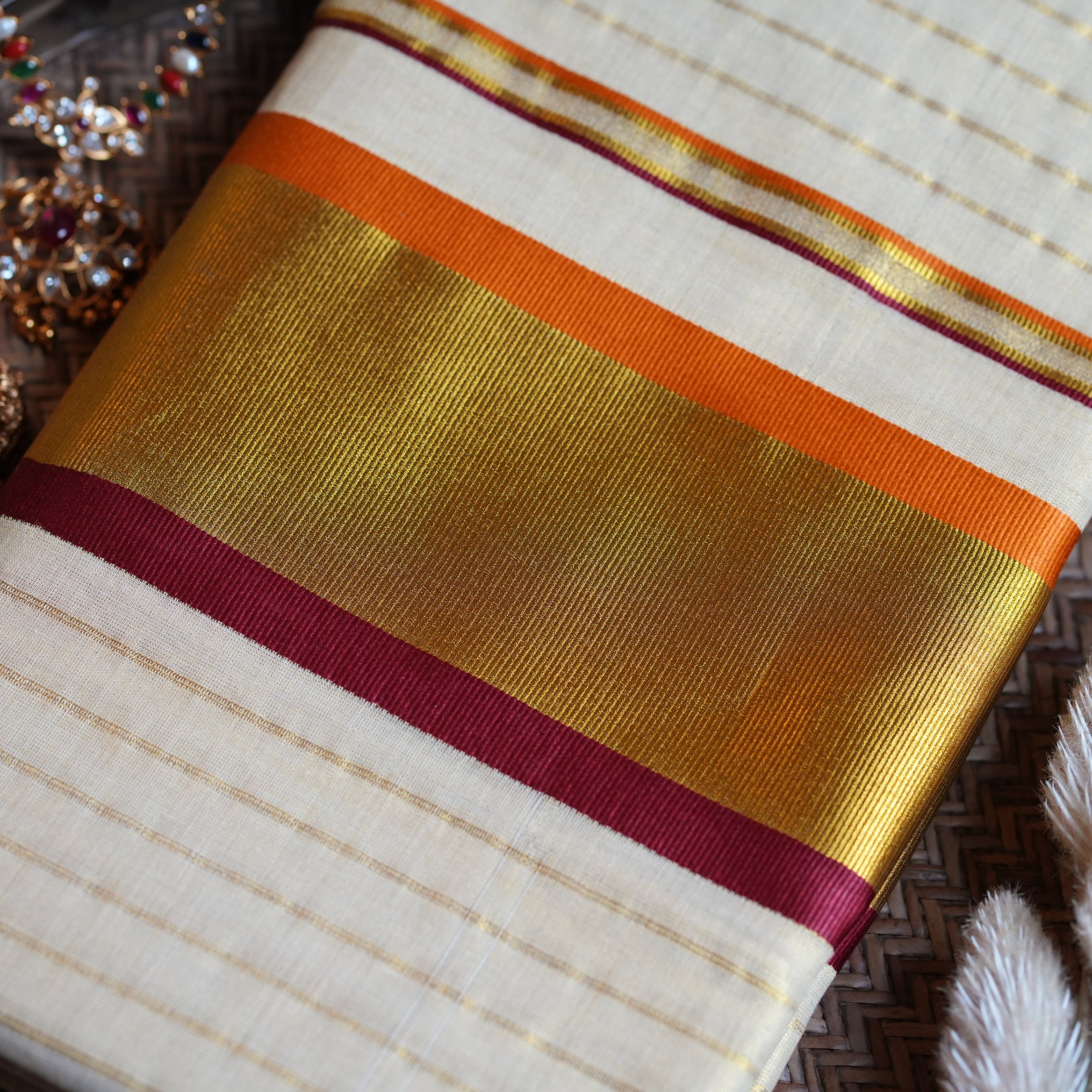 ✨ Sunset Radiance: Premium Tissue Kerala Saree with Orange & Maroon Contrast Border 🌟
