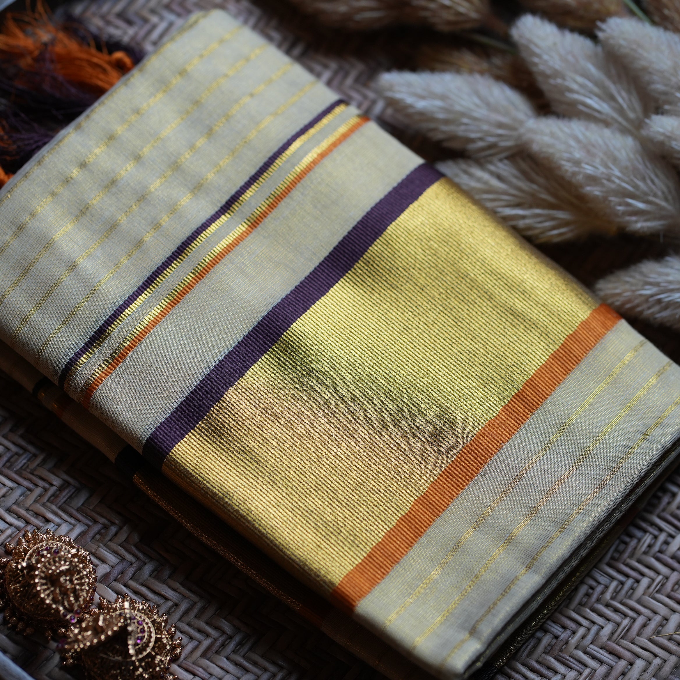 ✨ Tissue Kerala Set Mundu with Gold Zari, Plum & Rust Orange Border 👑