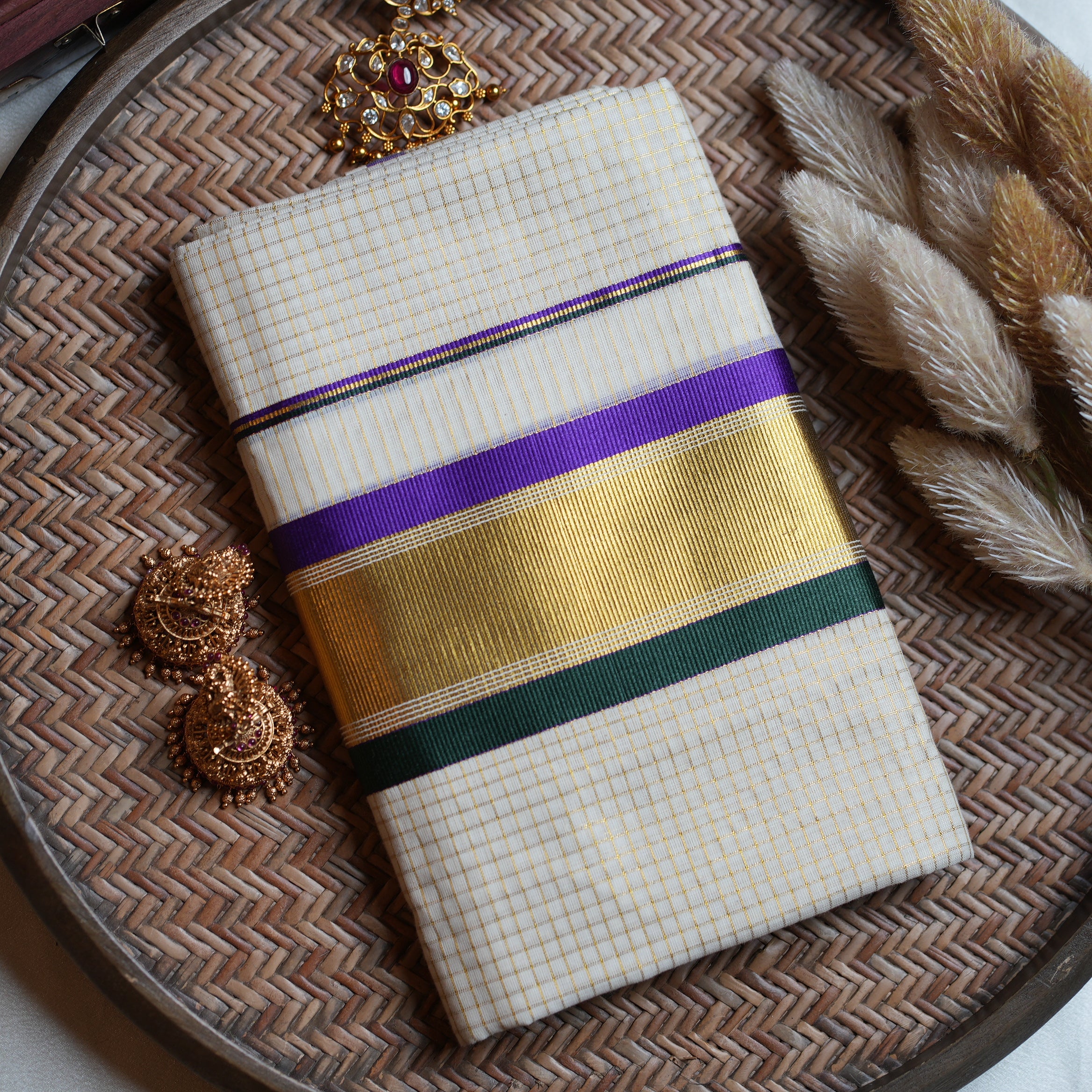 💜 Royal Iris: Kerala Set Mundu with Gold Checks, Purple & Bottle Green Borders 💚
