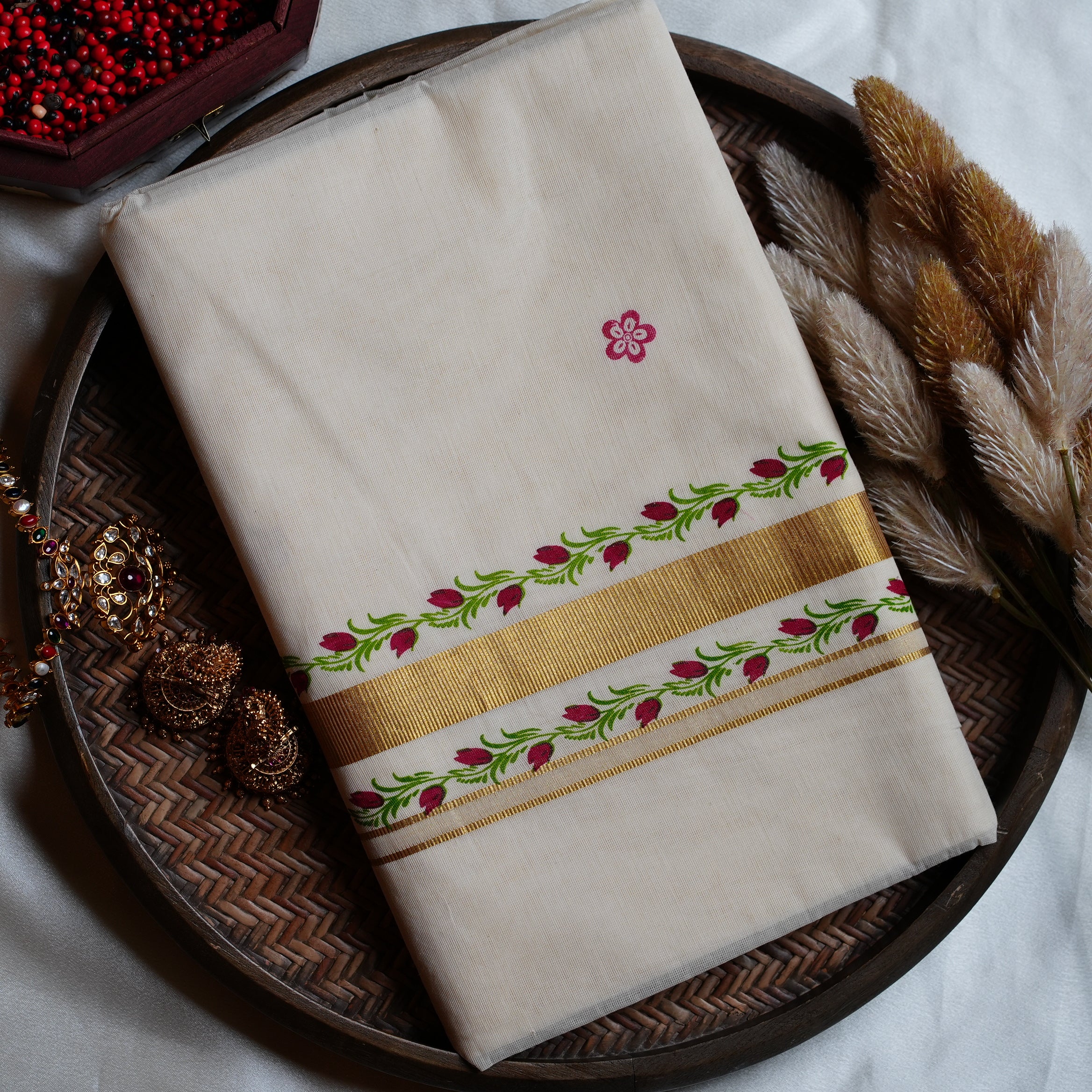 Artistically Hand-Painted Traditional Kerala Saree with Pink Floral Vine & Gold Accents