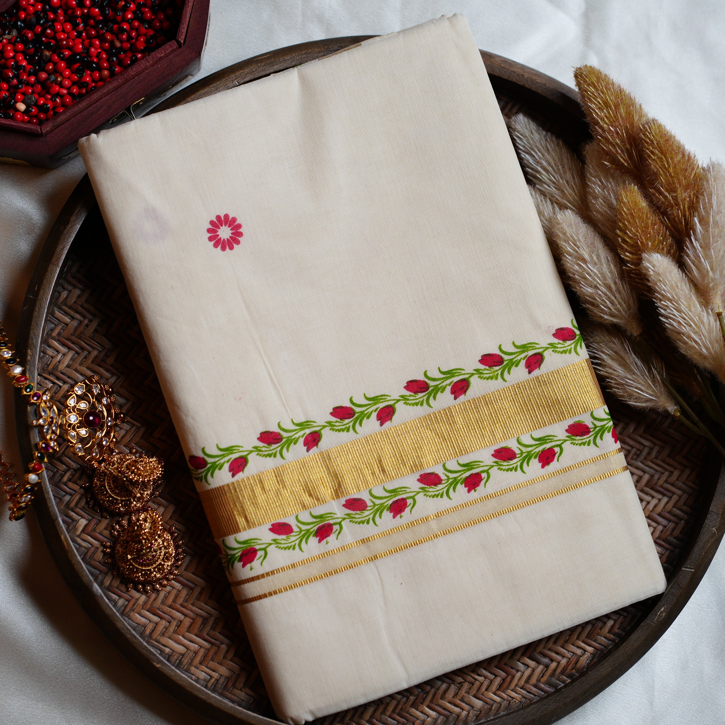 Artistically Hand-Painted Traditional Kerala Saree with Red Floral Vine & Gold Accents