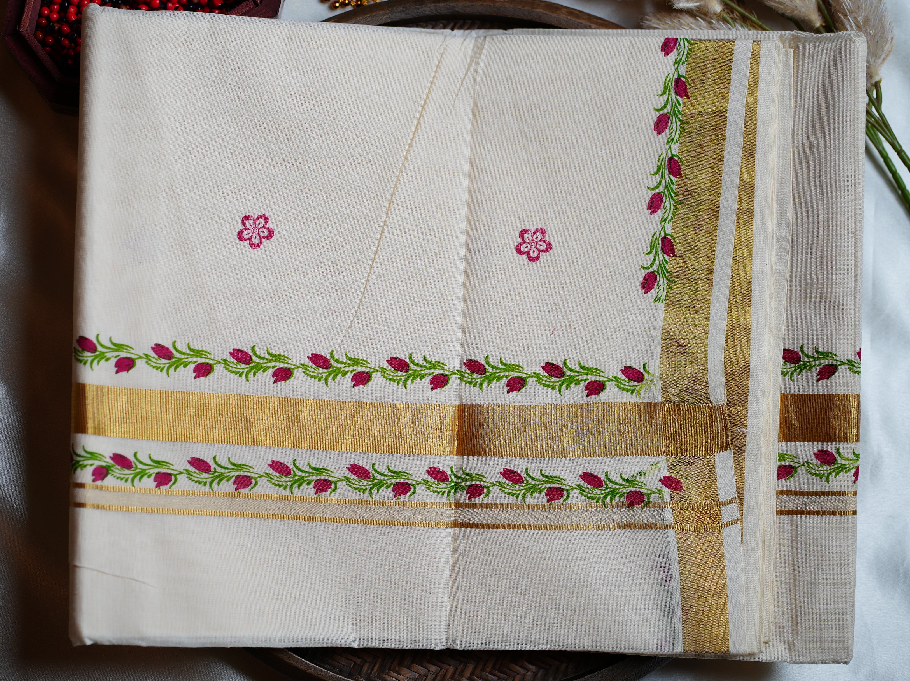 Artistically Hand-Painted Traditional Kerala Saree with Pink Floral Vine & Gold Accents