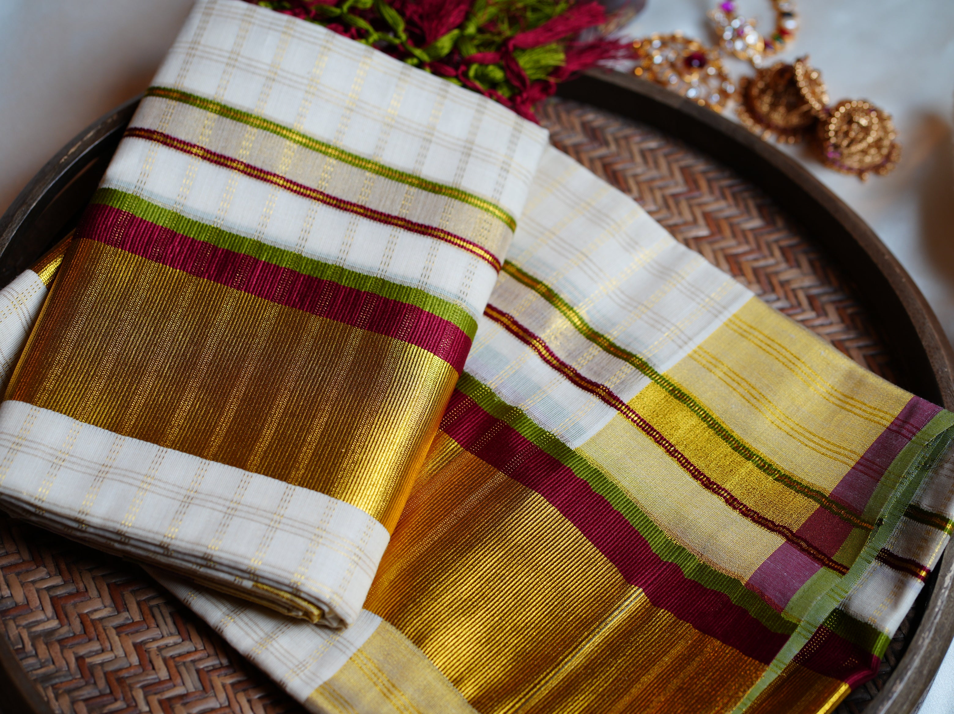 🍒 Crimson & Olive Meadow: Premium Kerala Set Mundu with Gold Checks, Maroon & Olive Green Borders 🌿