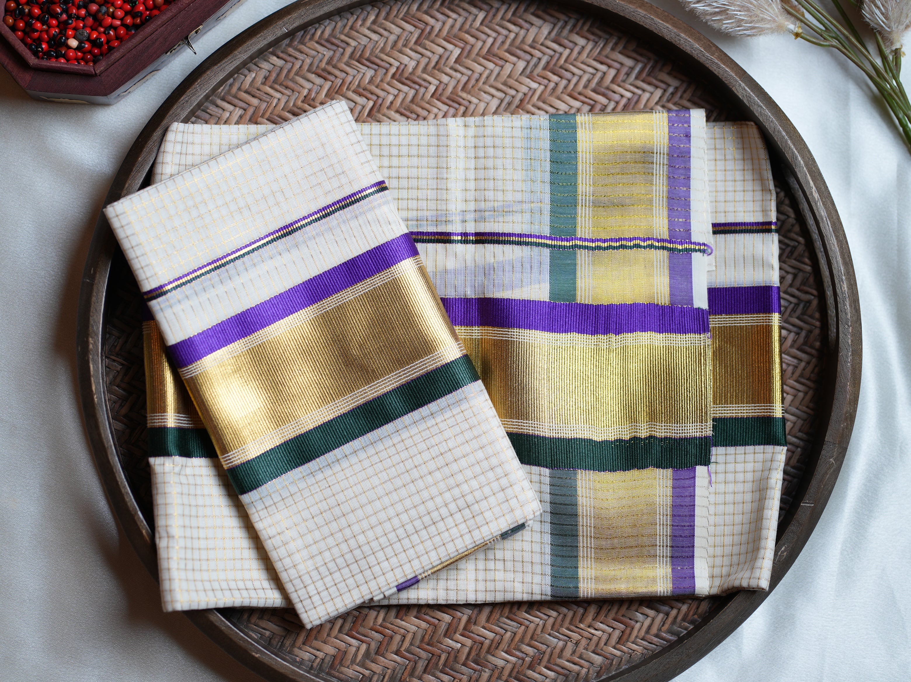 💜 Royal Iris: Kerala Set Mundu with Gold Checks, Purple & Bottle Green Borders 💚