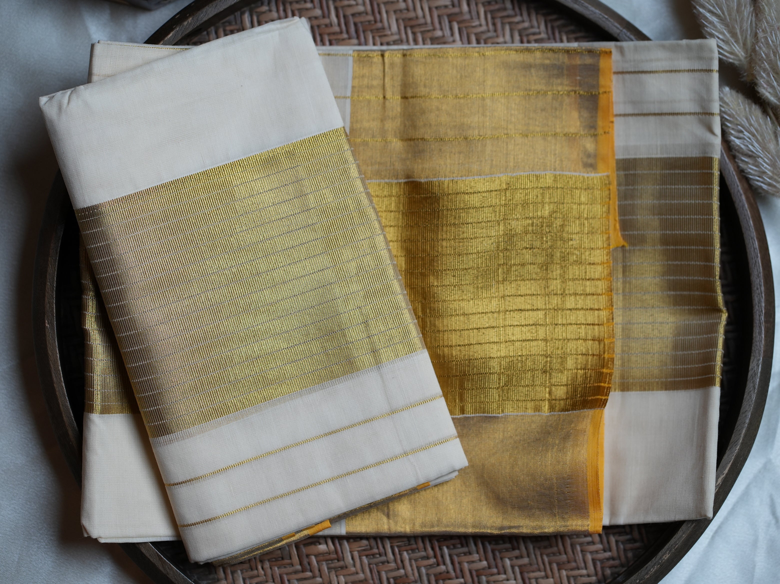 ✨ Golden Elegance: Classic Cotton Single Set Mundu with Gold Zari Stripes 🌟