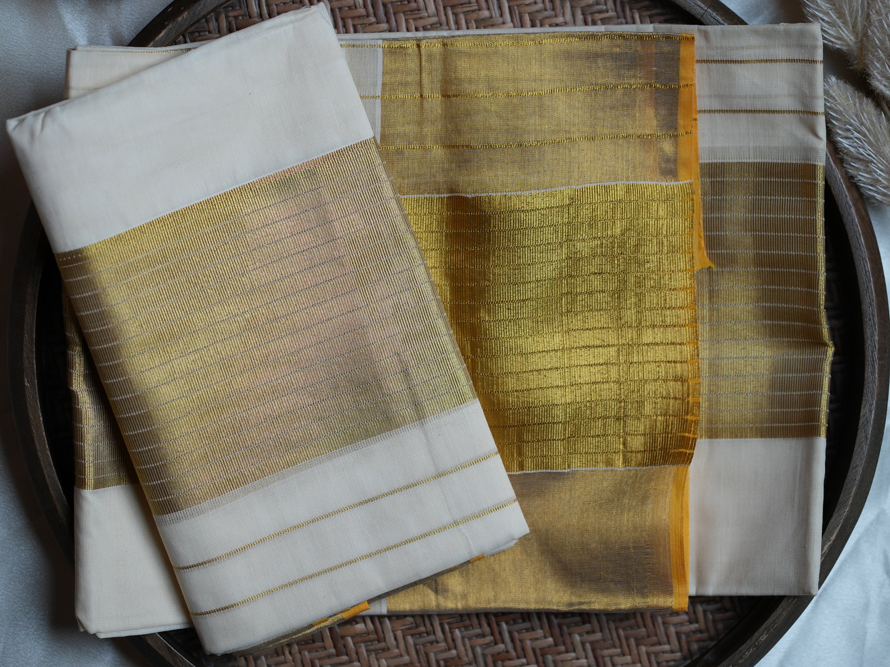 ✨ Golden Elegance: Classic Cotton Single Set Mundu with Gold Zari Stripes 🌟