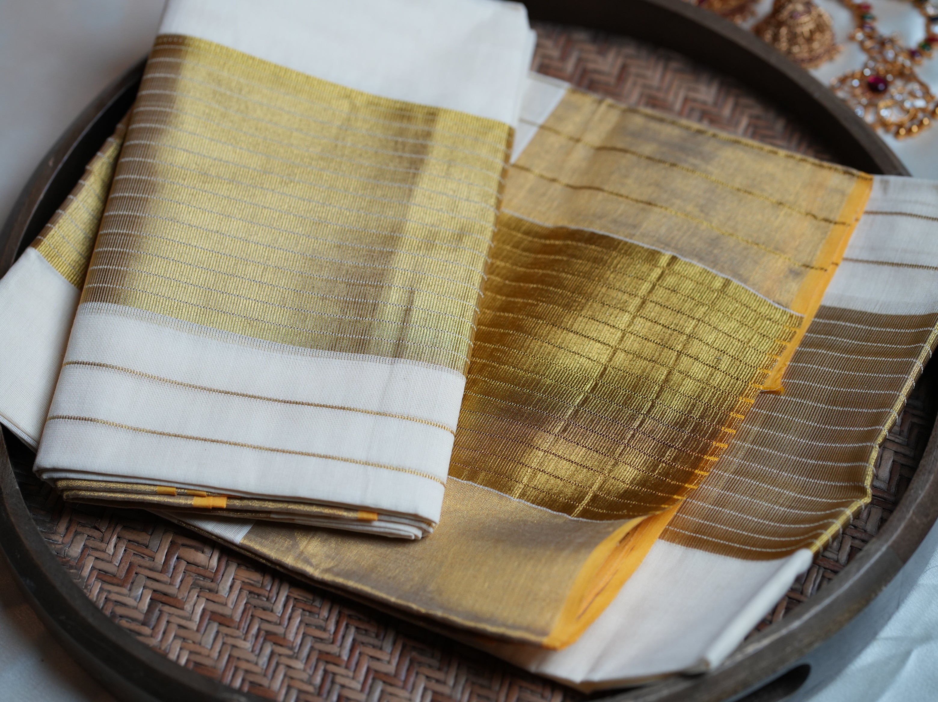 ✨ Golden Elegance: Classic Cotton Single Set Mundu with Gold Zari Stripes 🌟