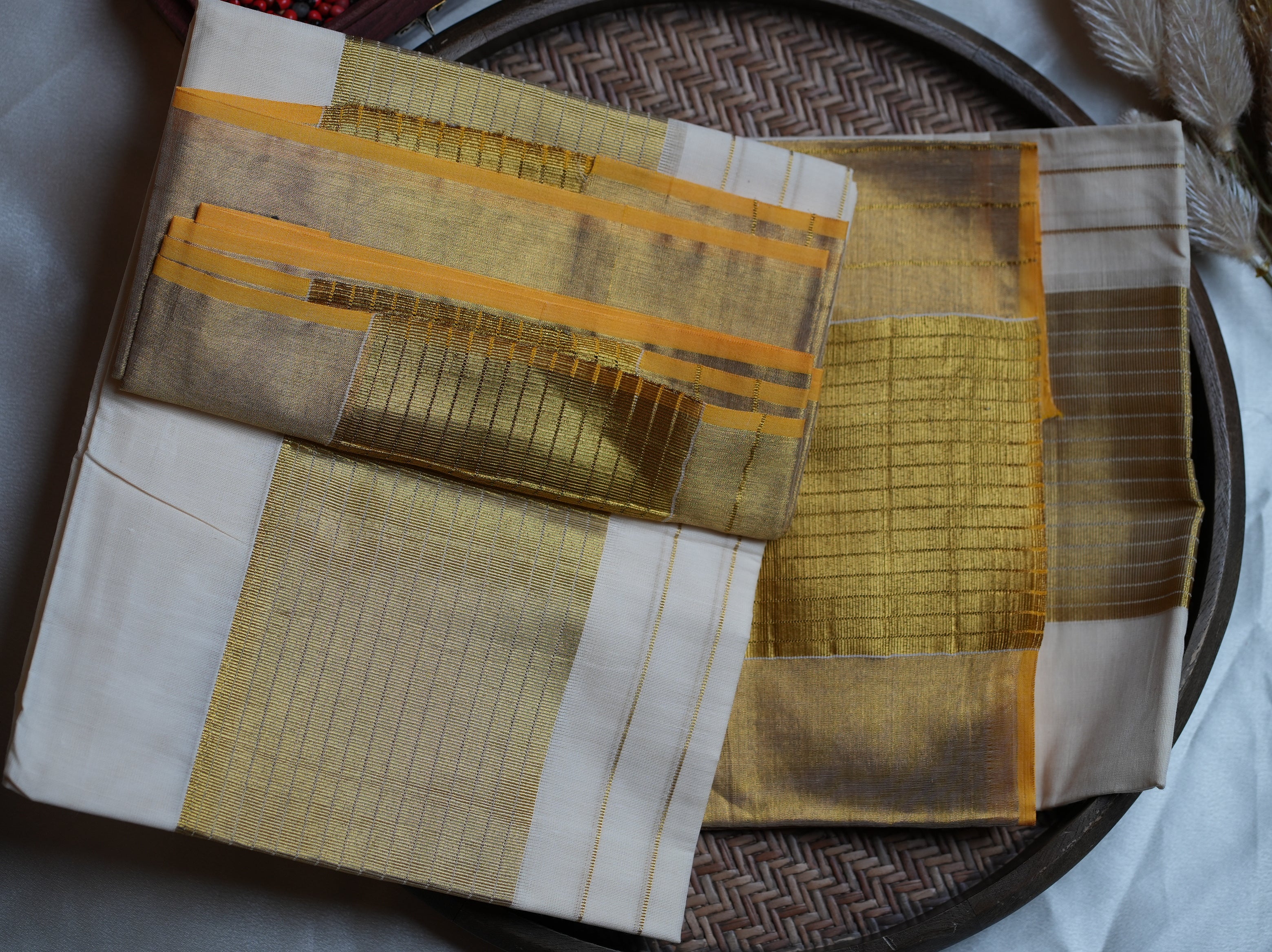 ✨ Golden Elegance: Classic Cotton Single Set Mundu with Gold Zari Stripes 🌟
