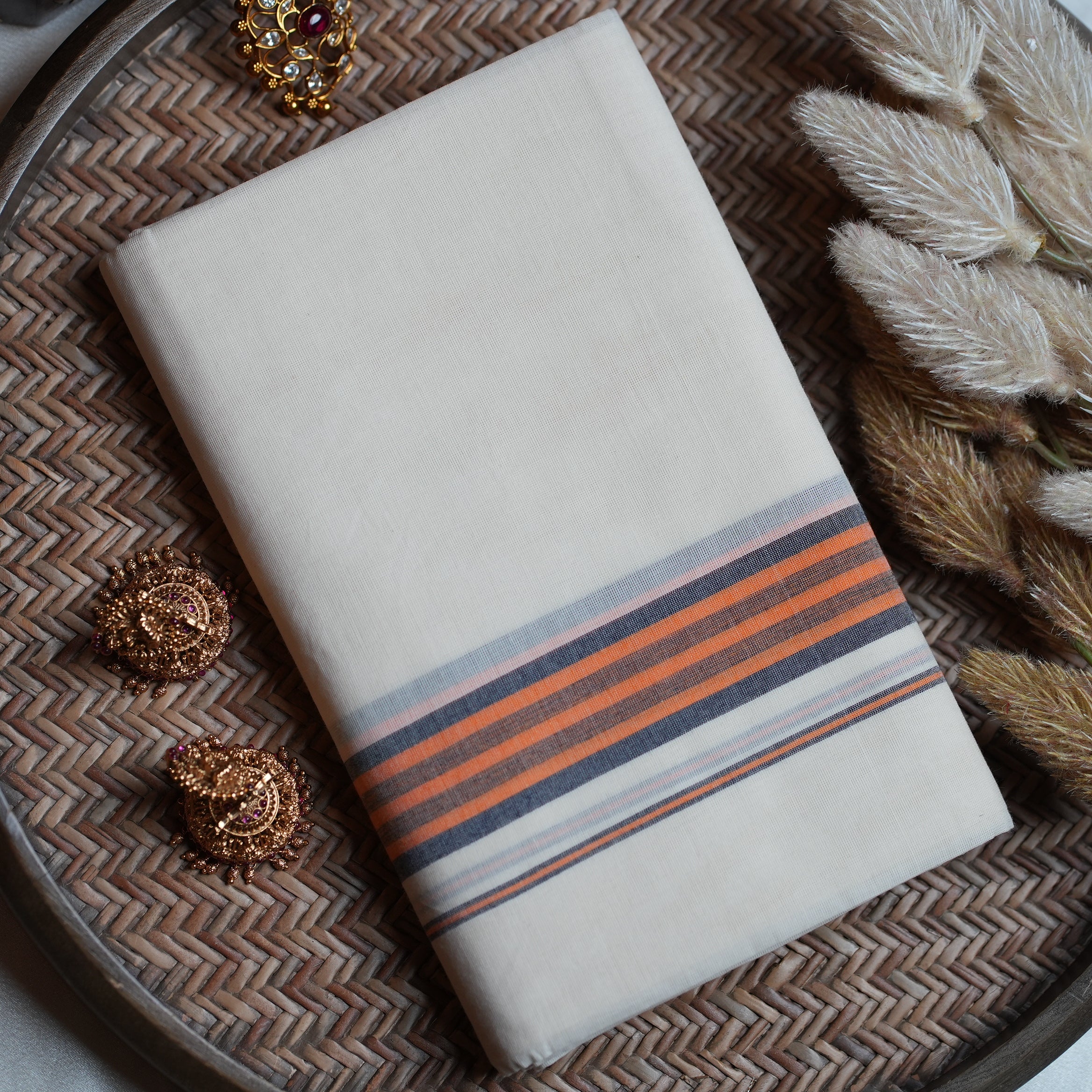 🧡 Off-White Kerala Cotton Mulloth Single Set Mundu with Burnt Orange & Charcoal Grey Striped Borders ✨🌾