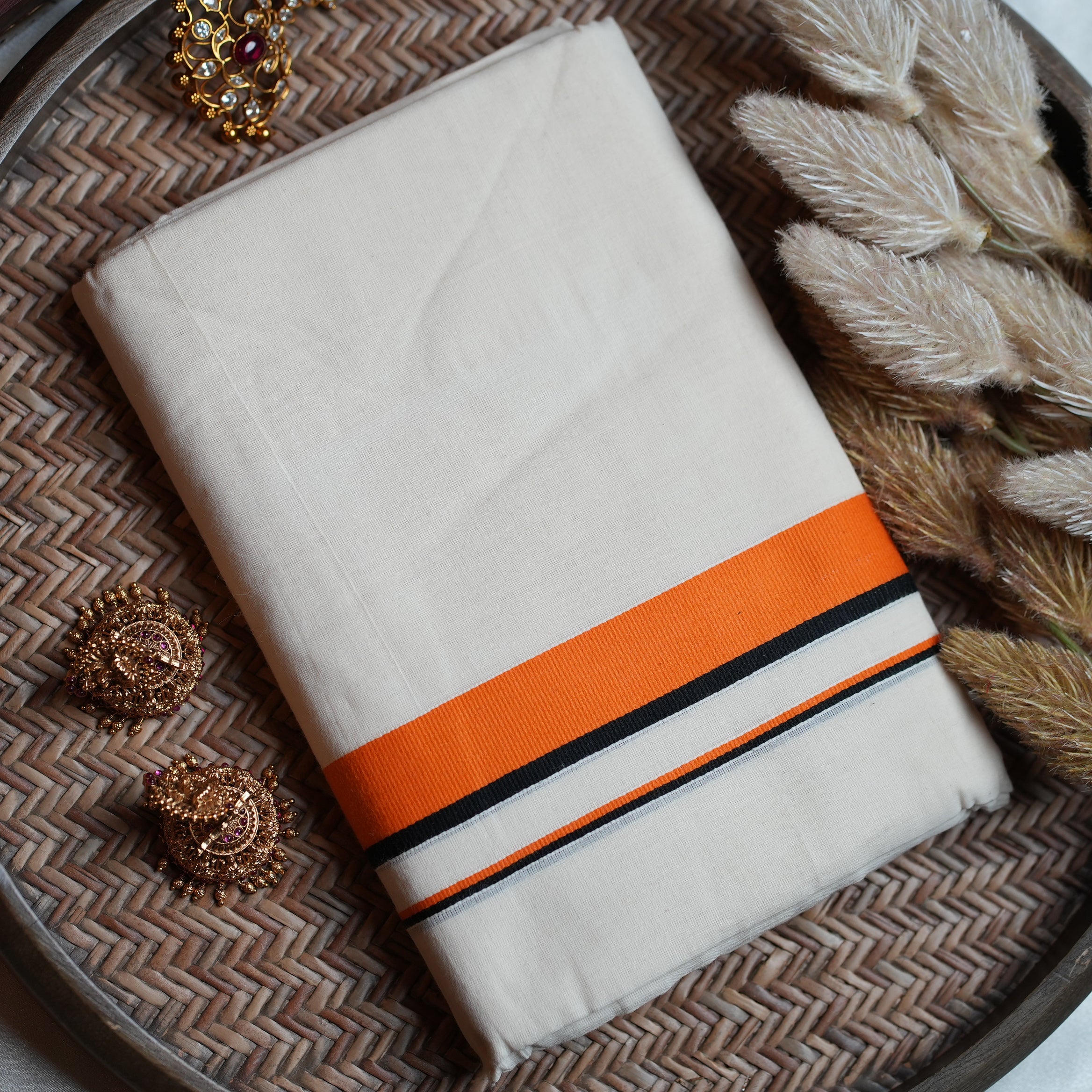🍊 Off-White Kerala Cotton Mulloth Single Set Mundu with Vibrant Tangerine Orange & Black Striped Borders ✨🌾