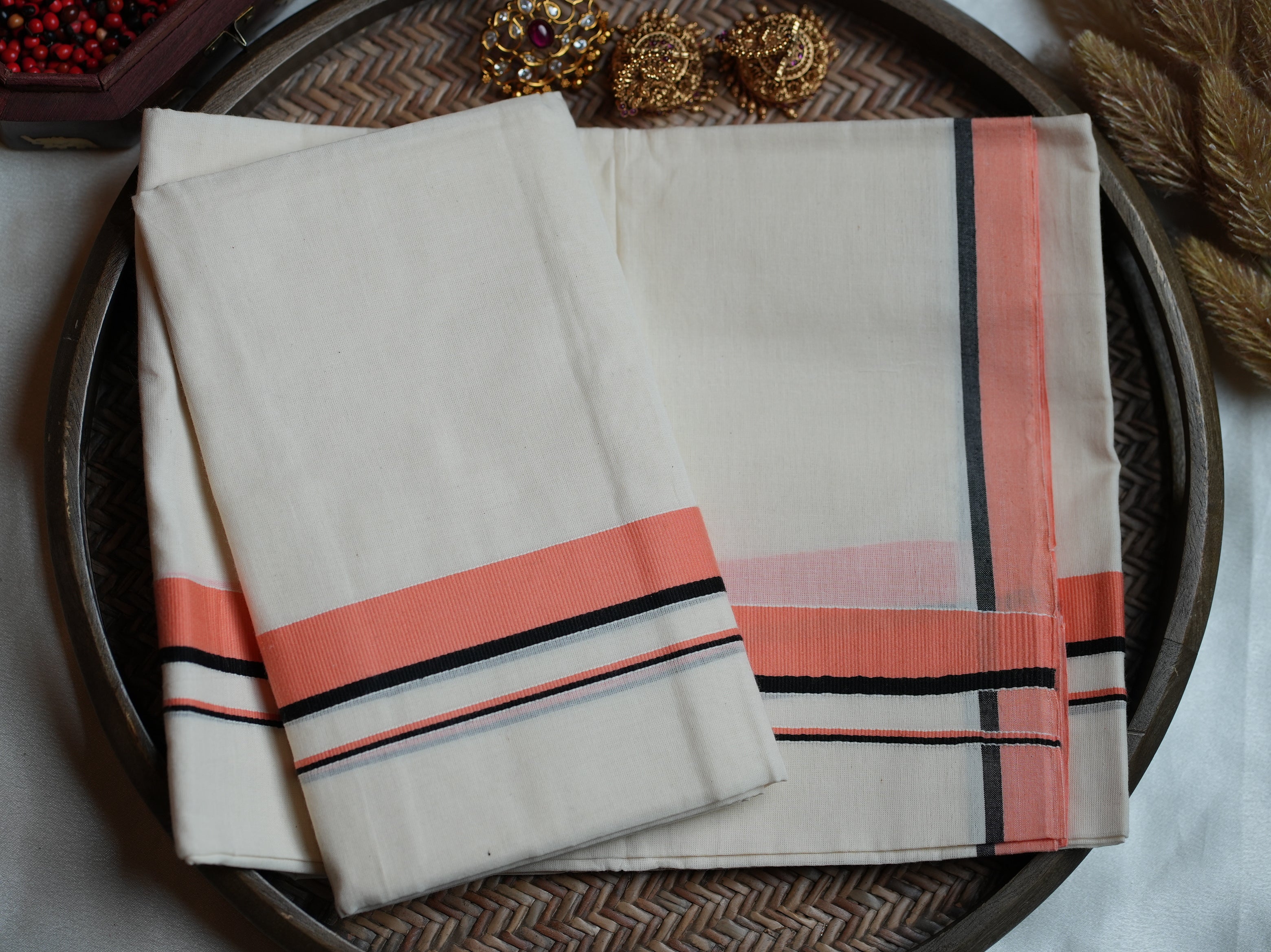 🍑 Off-White Kerala Cotton Mulloth Single Set Mundu with Coral Peach & Black Striped Borders ✨🌾