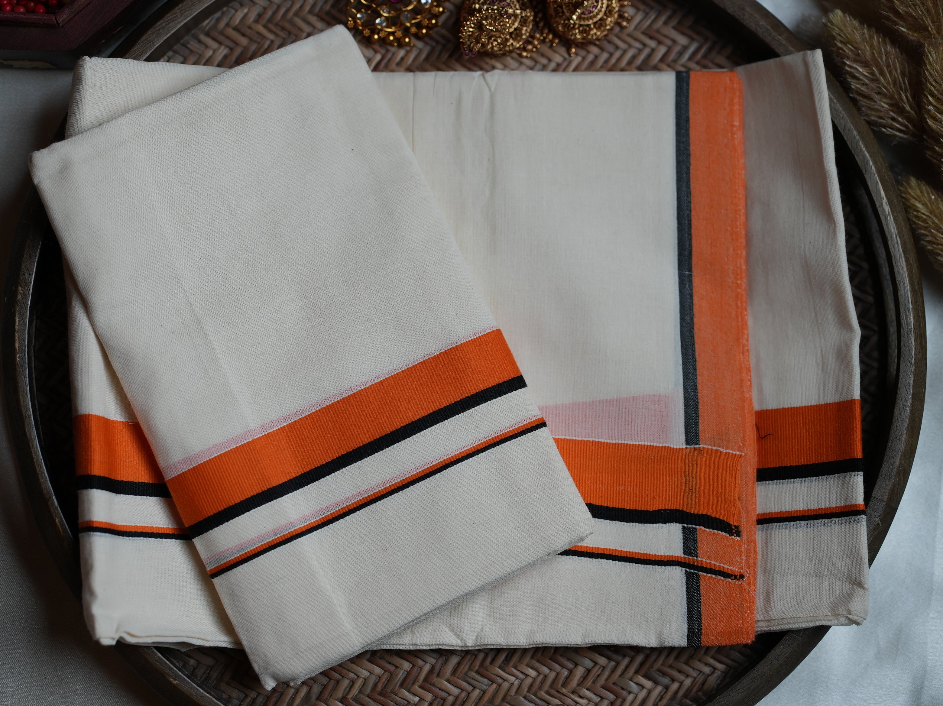 🍊 Off-White Kerala Cotton Mulloth Single Set Mundu with Vibrant Tangerine Orange & Black Striped Borders ✨🌾