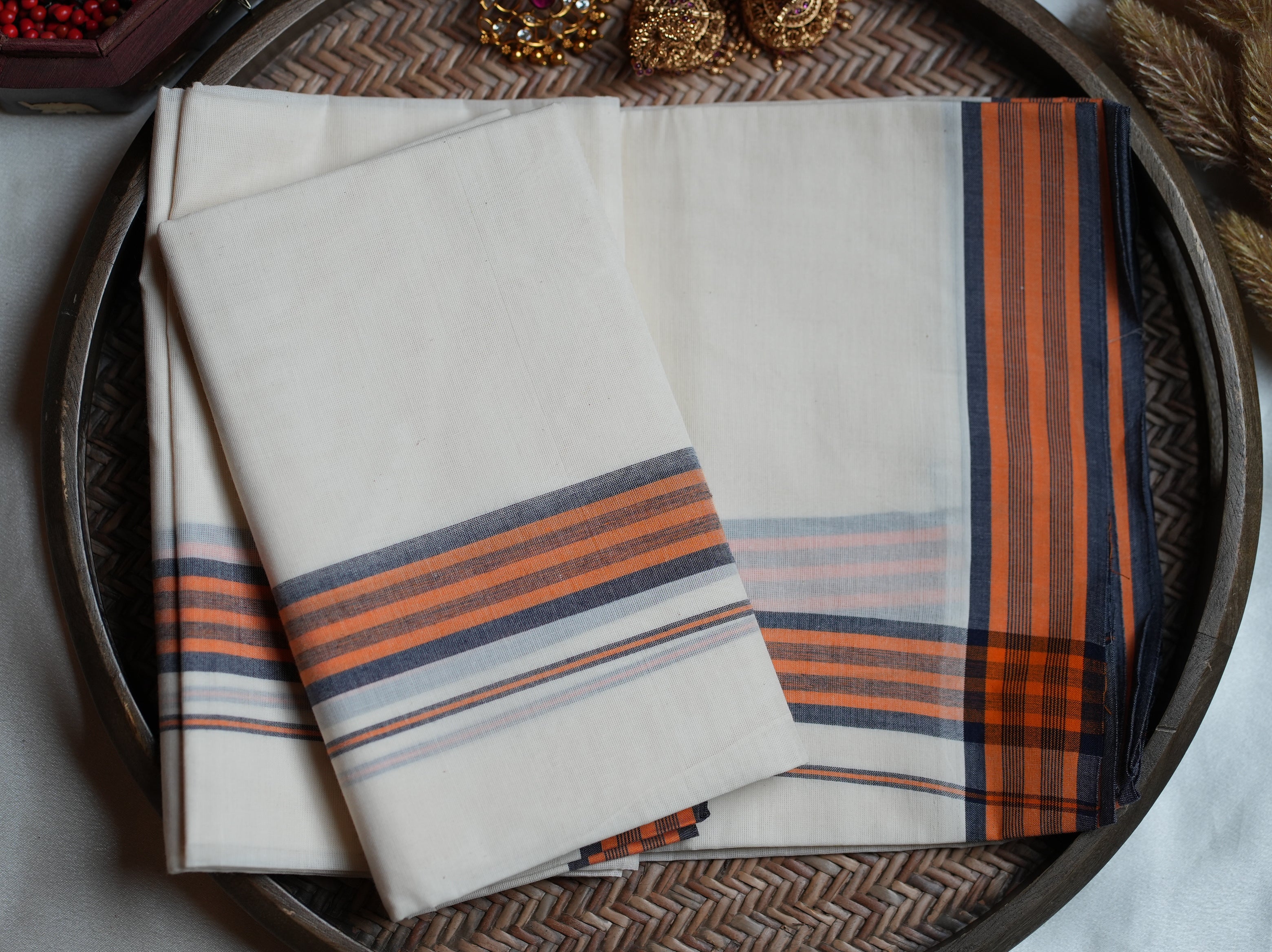 🧡 Off-White Kerala Cotton Mulloth Single Set Mundu with Burnt Orange & Charcoal Grey Striped Borders ✨🌾