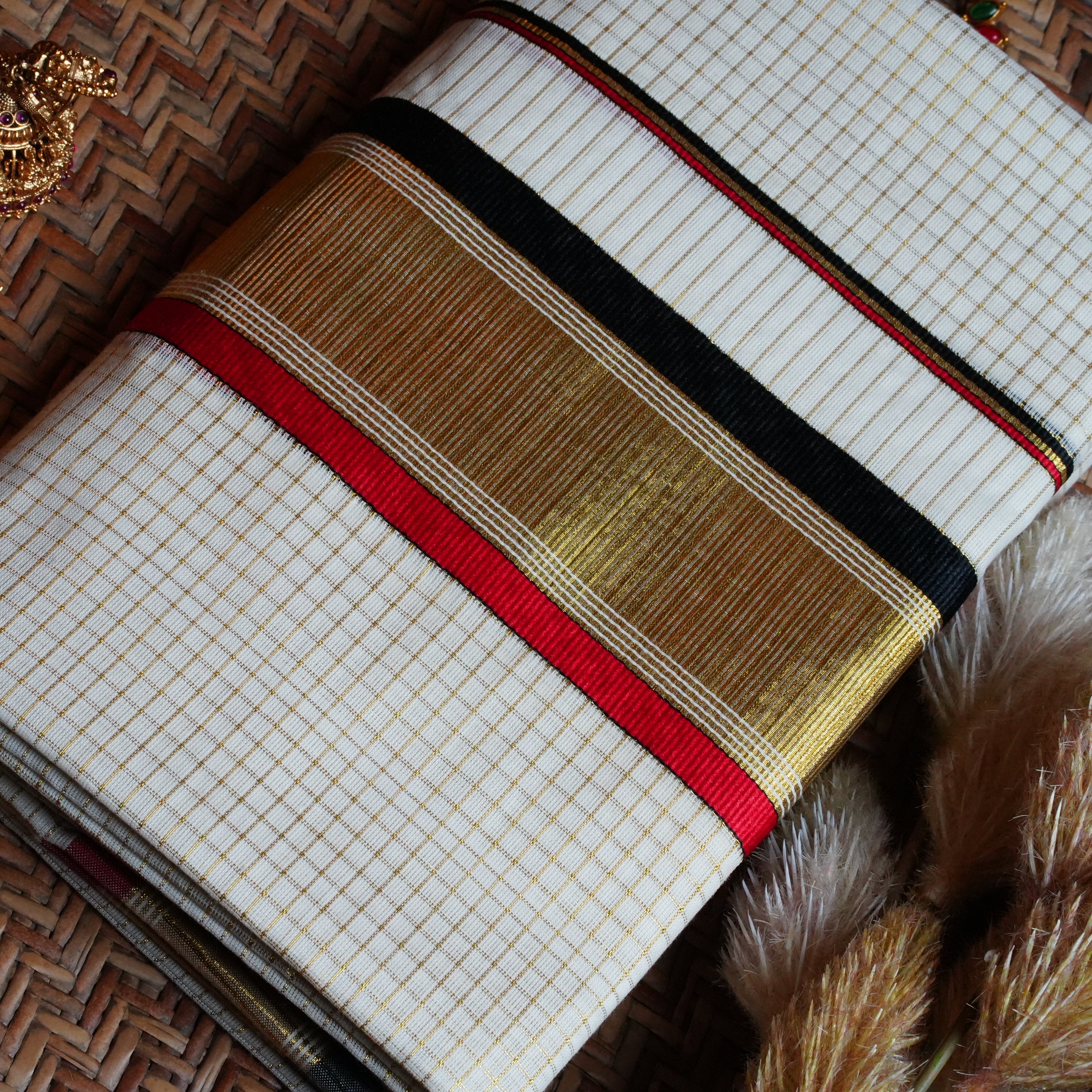 ✨ Classic Off-White Cotton Set Mundu with Gold Kasavu & Tri-Color Borders ✨