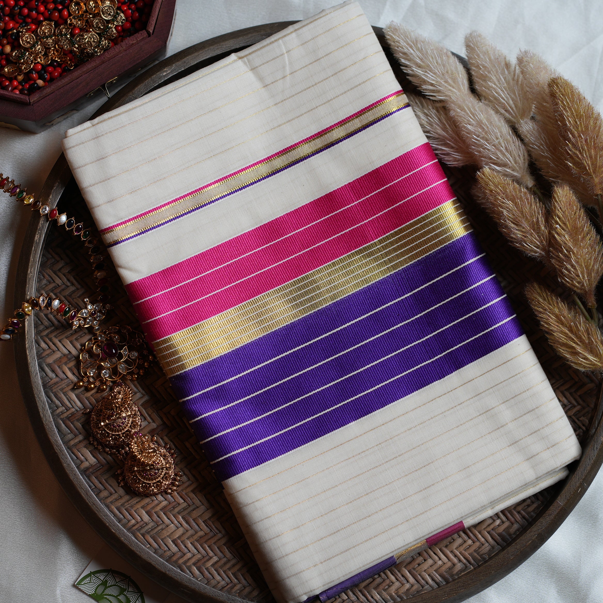 💜 Off-White Cotton Kerala Saree with Regal Purple & Magenta Color Bands ✨🥻