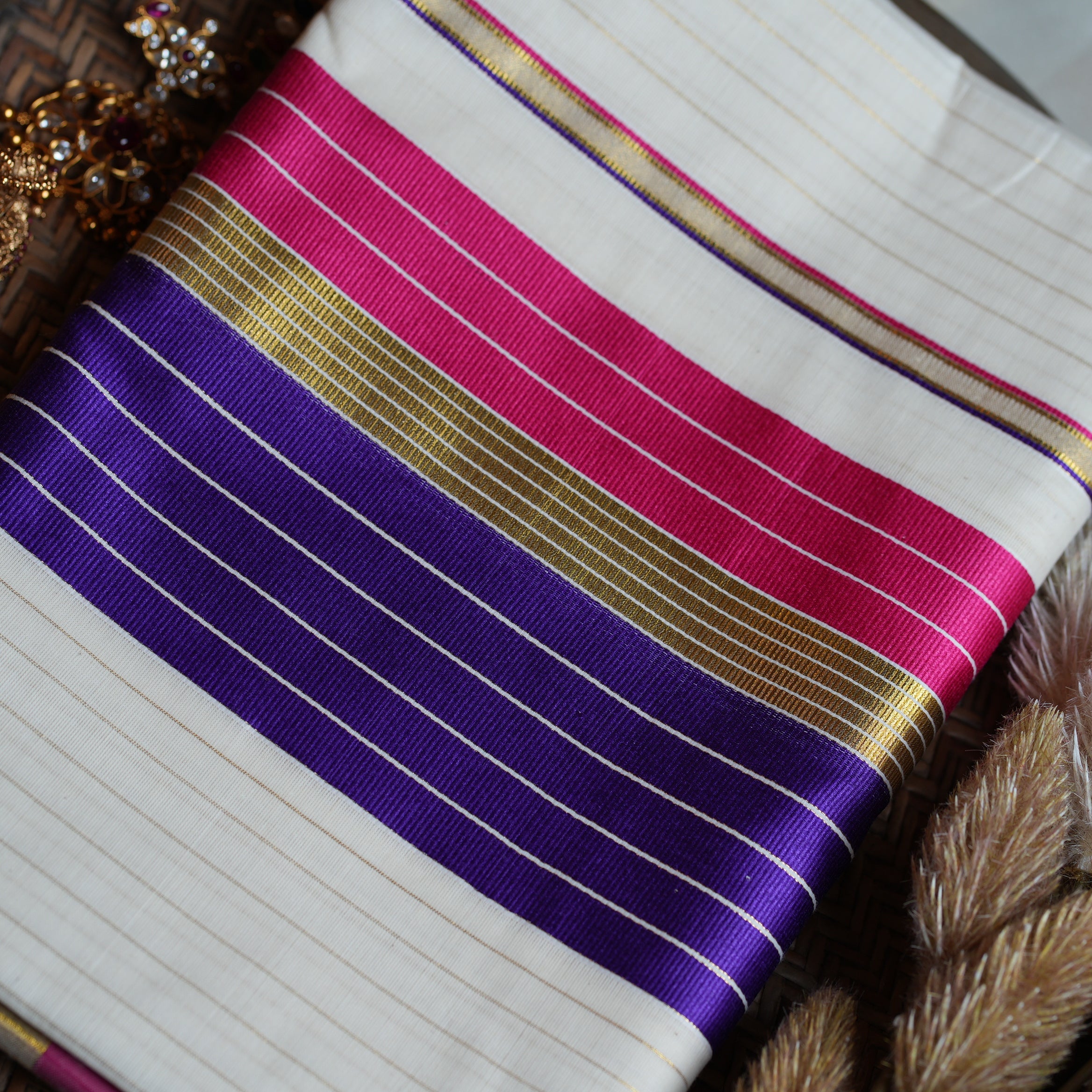 💜 Off-White Cotton Kerala Saree with Regal Purple & Magenta Color Bands ✨🥻