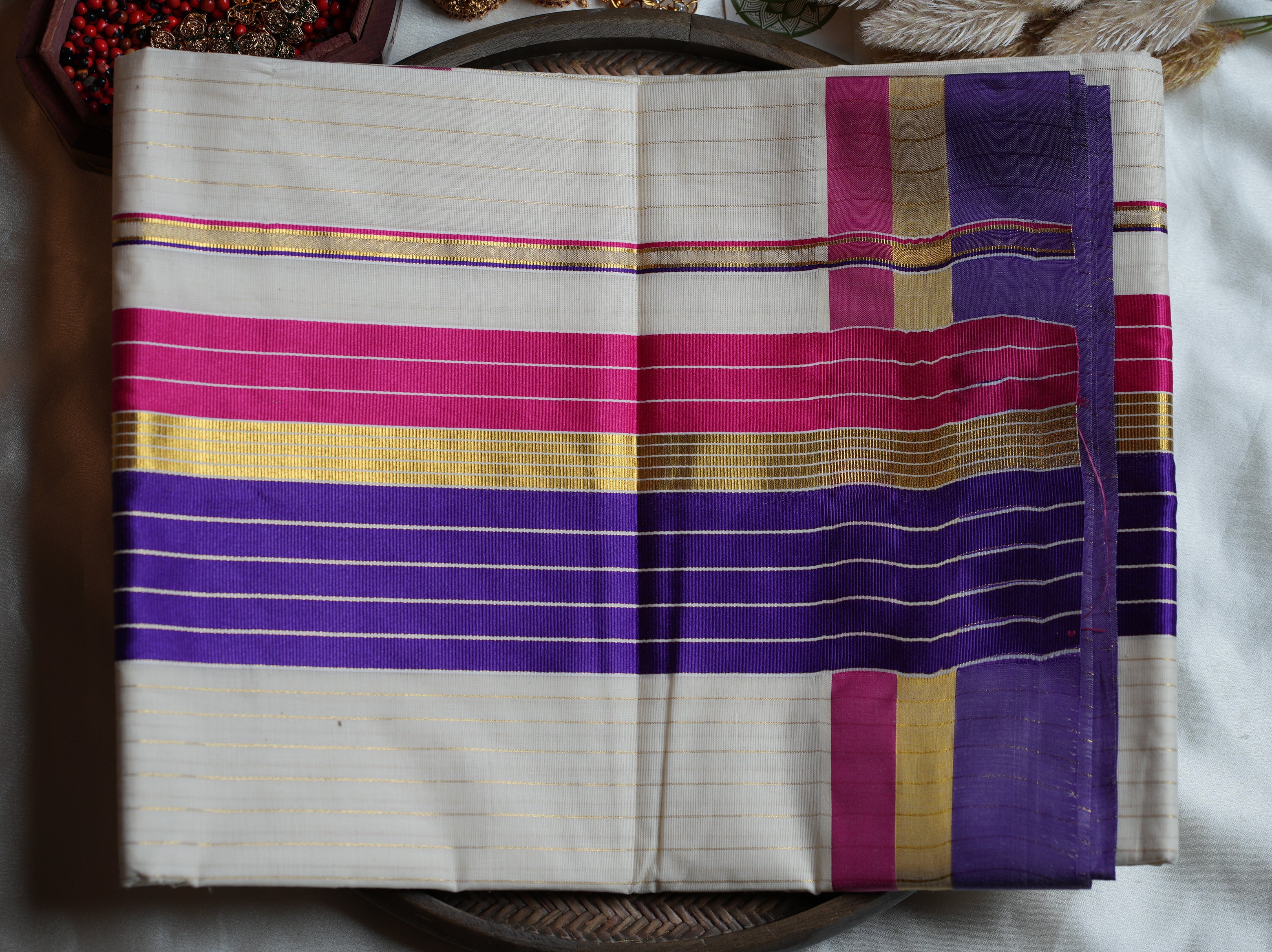 💜 Off-White Cotton Kerala Saree with Regal Purple & Magenta Color Bands ✨🥻