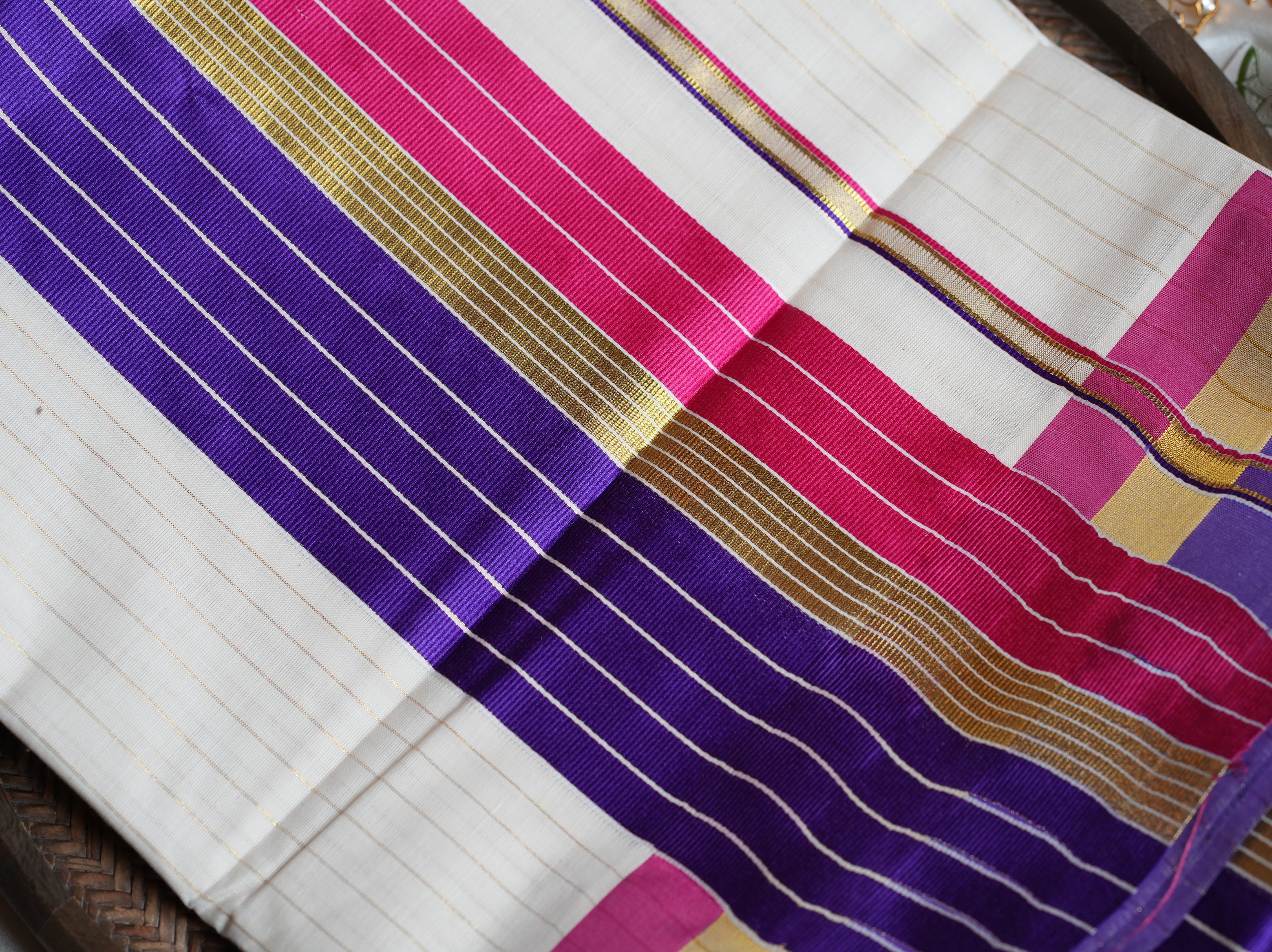 💜 Off-White Cotton Kerala Saree with Regal Purple & Magenta Color Bands ✨🥻