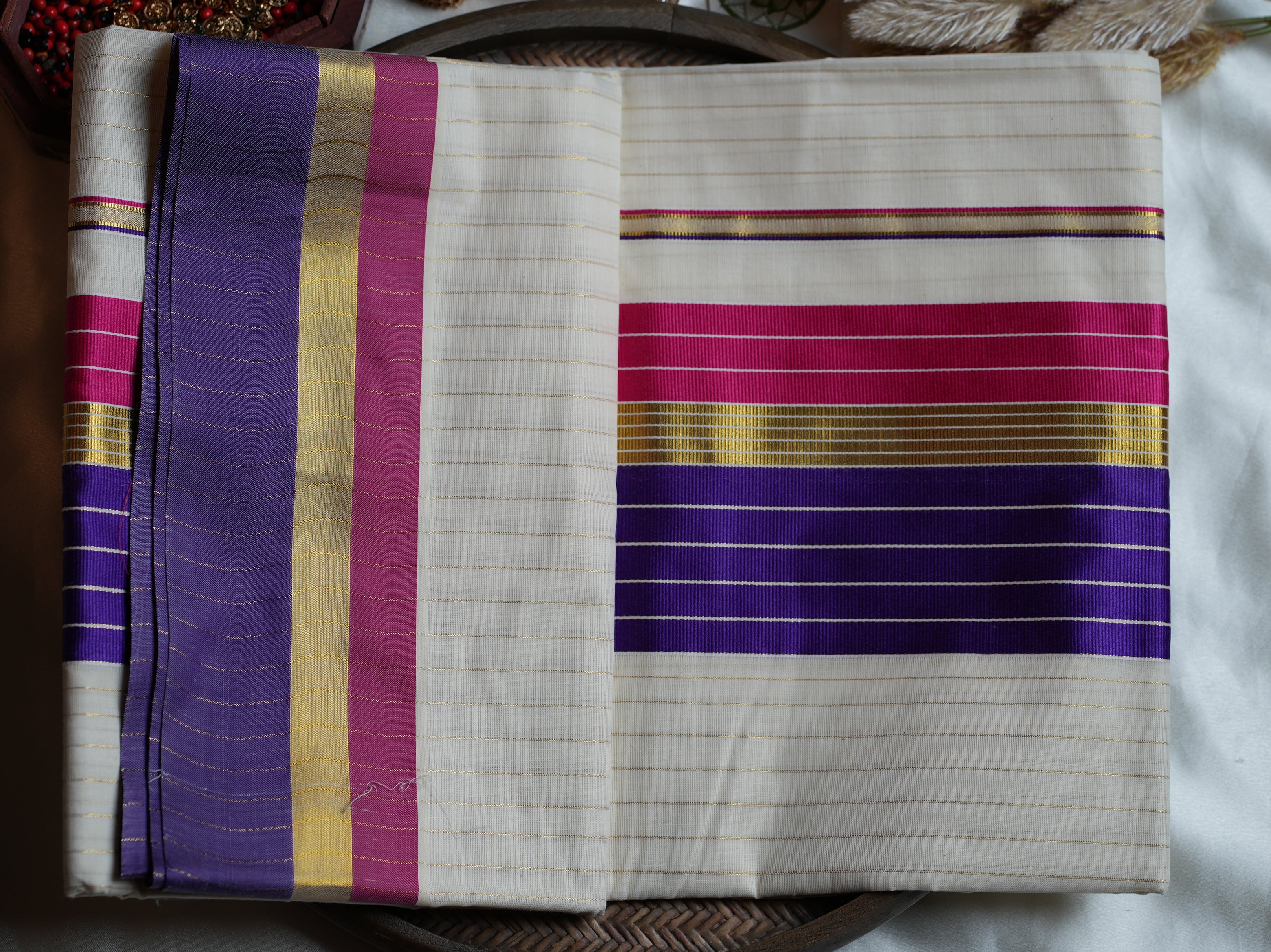 💜 Off-White Cotton Kerala Saree with Regal Purple & Magenta Color Bands ✨🥻
