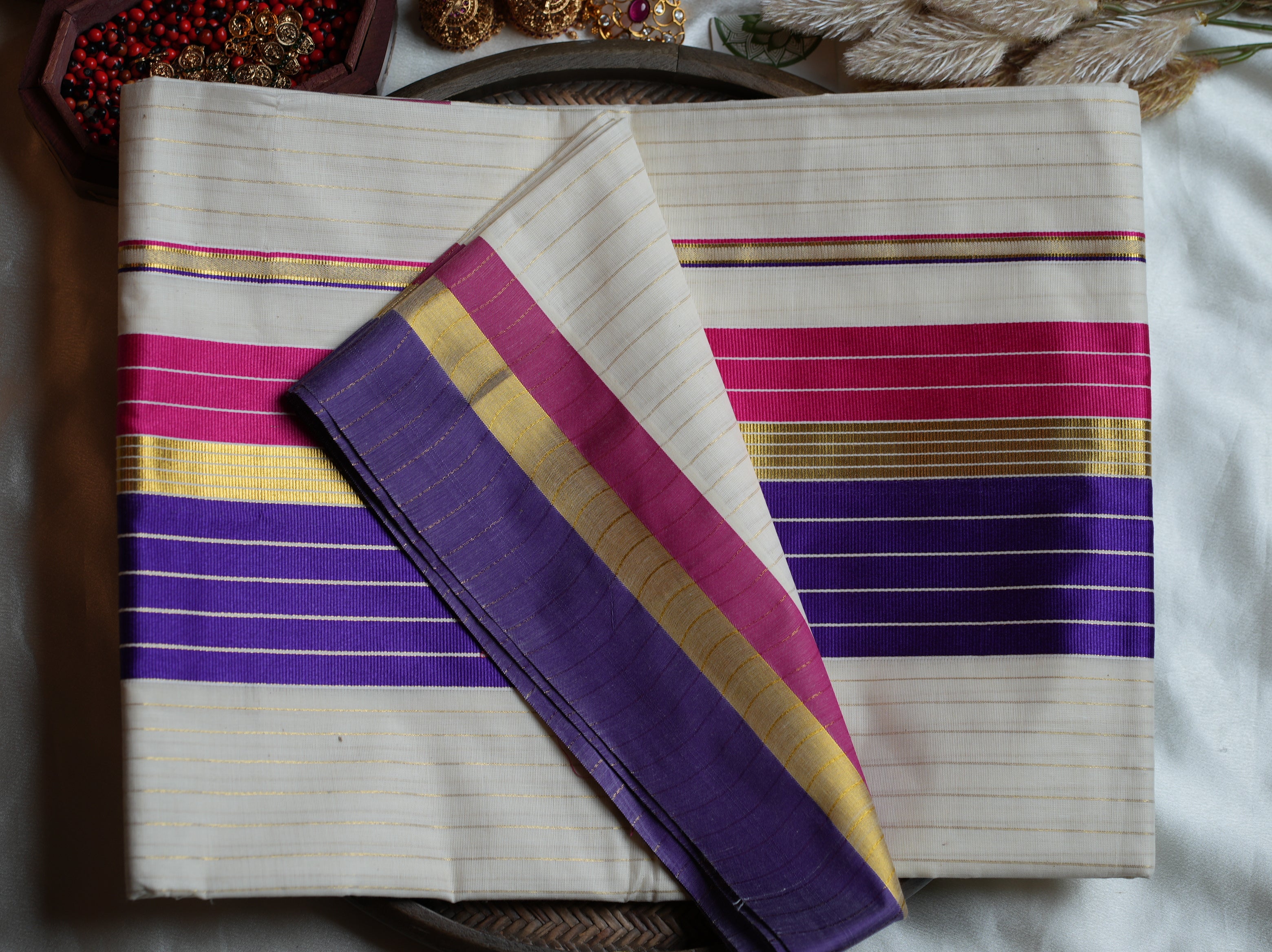 💜 Off-White Cotton Kerala Saree with Regal Purple & Magenta Color Bands ✨🥻