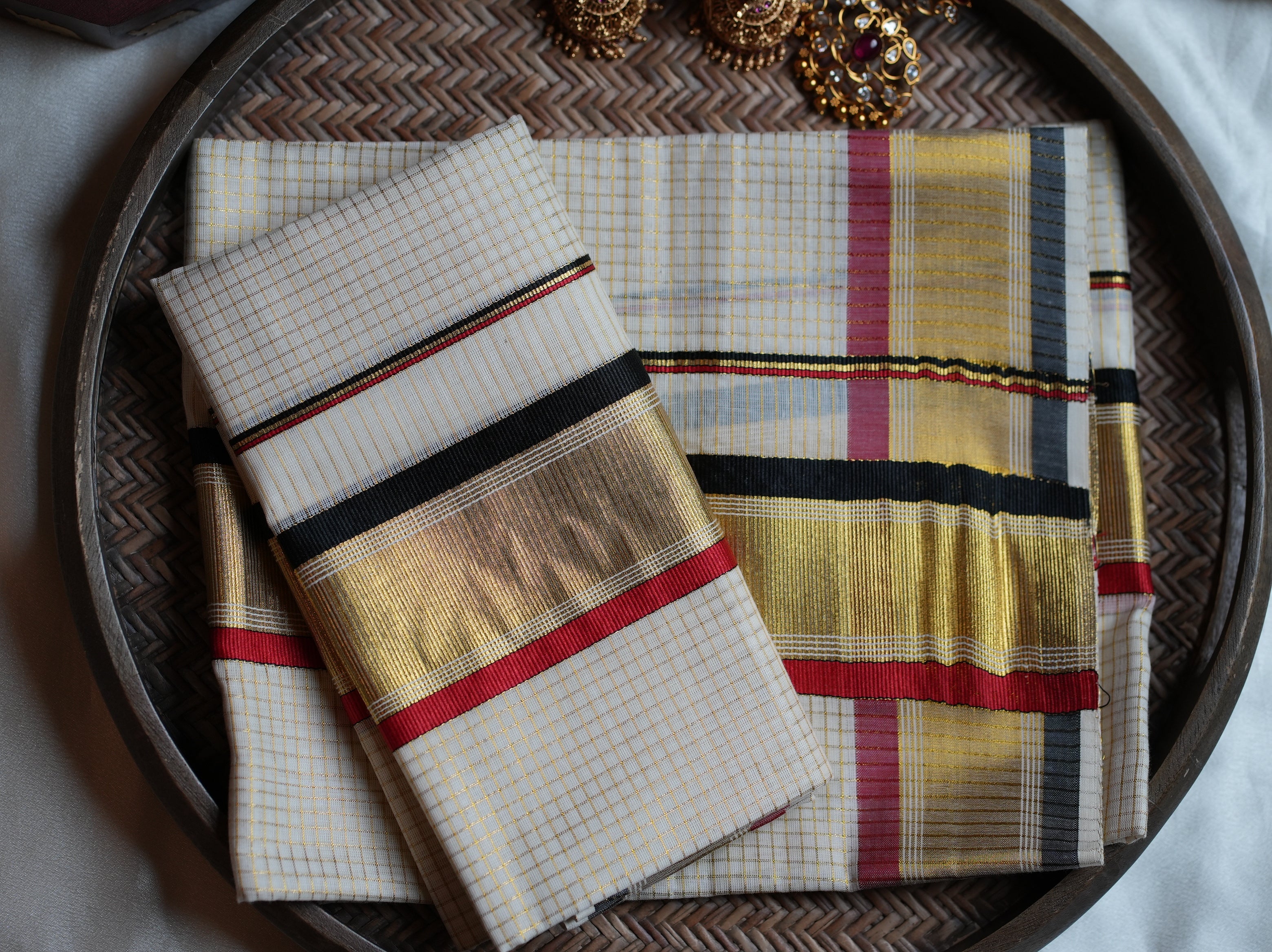 ✨ Classic Off-White Cotton Set Mundu with Gold Kasavu & Tri-Color Borders ✨