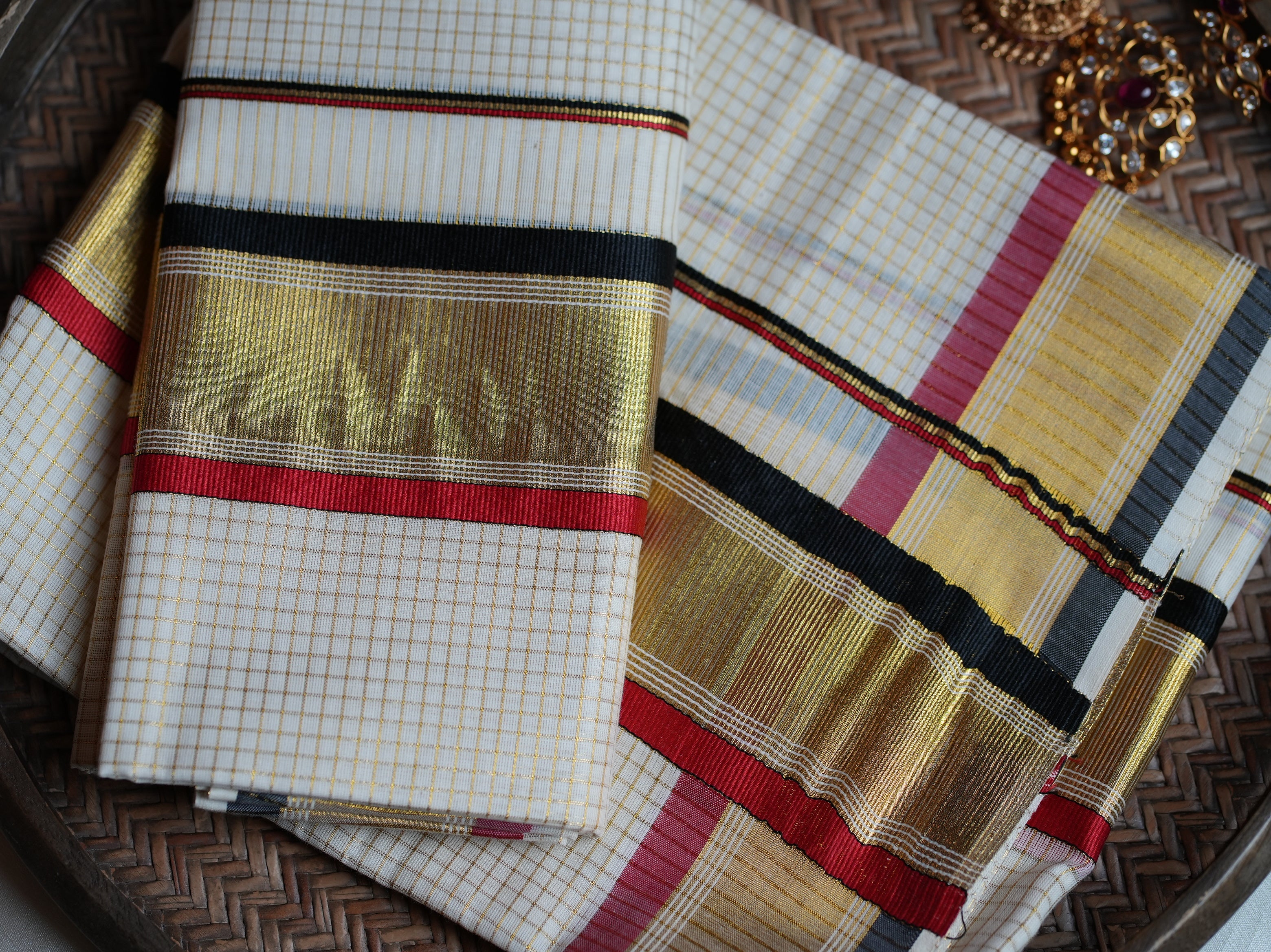 ✨ Classic Off-White Cotton Set Mundu with Gold Kasavu & Tri-Color Borders ✨