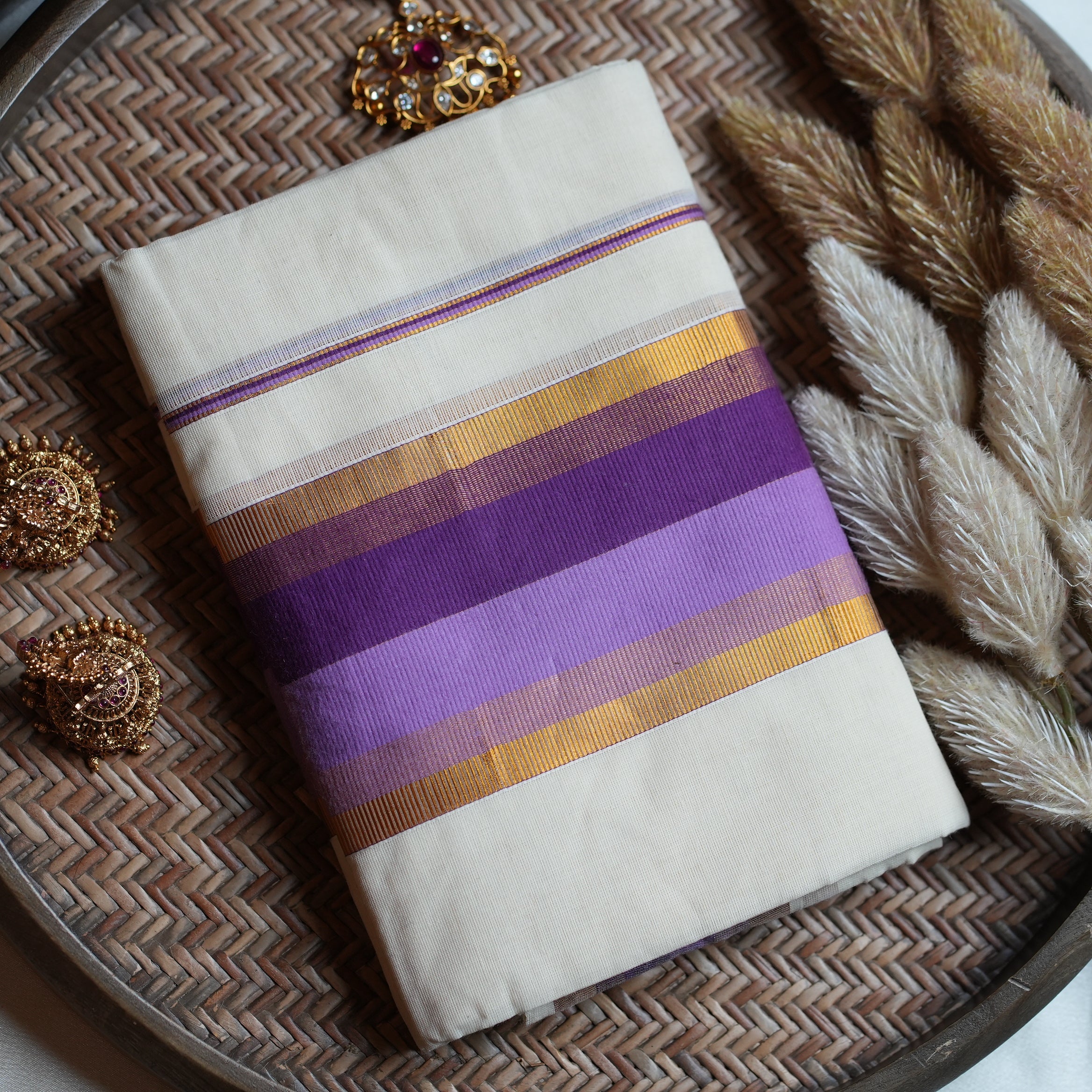 💜 Off-White Cotton Kerala Single Set Mundu with Regal Purple, Lavender & Gold Kasavu Borders ✨🌾